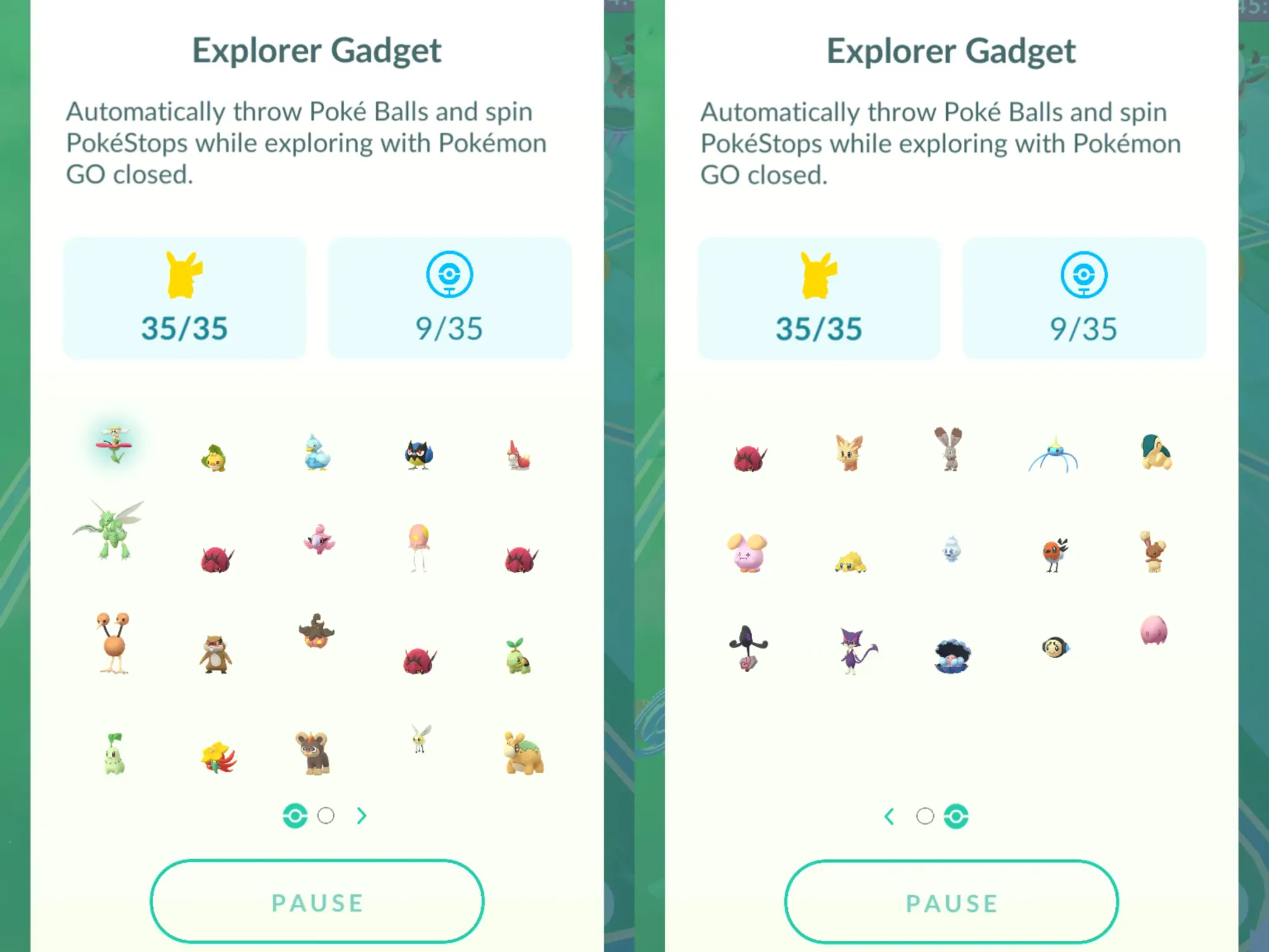 Two screenshots showing catches from Pokémon Go's Explorer Gadget, with the text: "Explorer Gadget. Automatically throw Poké Balls and spin PokéStops while exploring with Pokémon Go closed.'