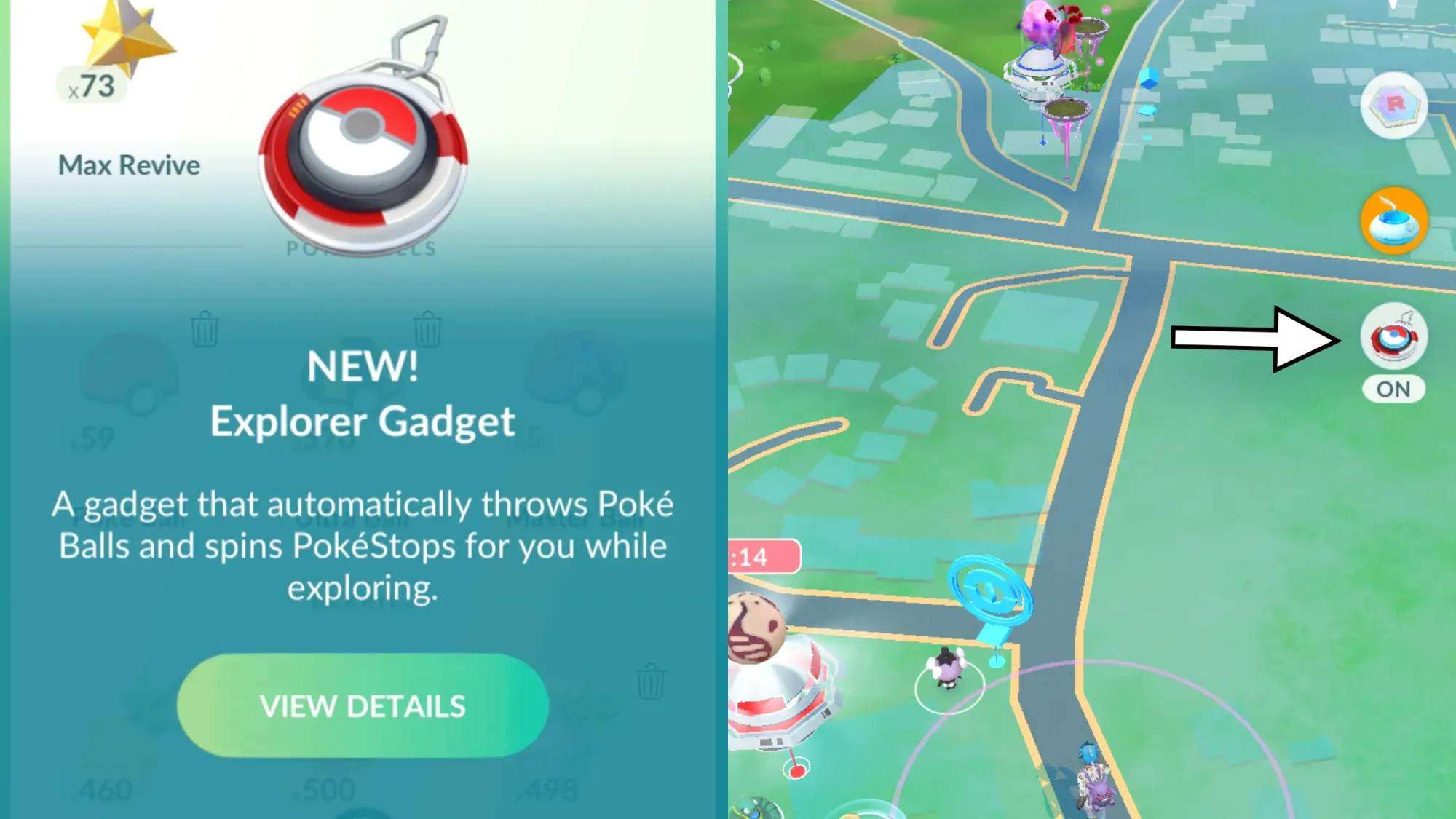 Two screenshots from Pokémon Go showing the Explorer Gadget, with the left having the text: NEW! Explorer Gadget A gadget that automatically throws Poké Balls and spins PokéStops for you while exploring.