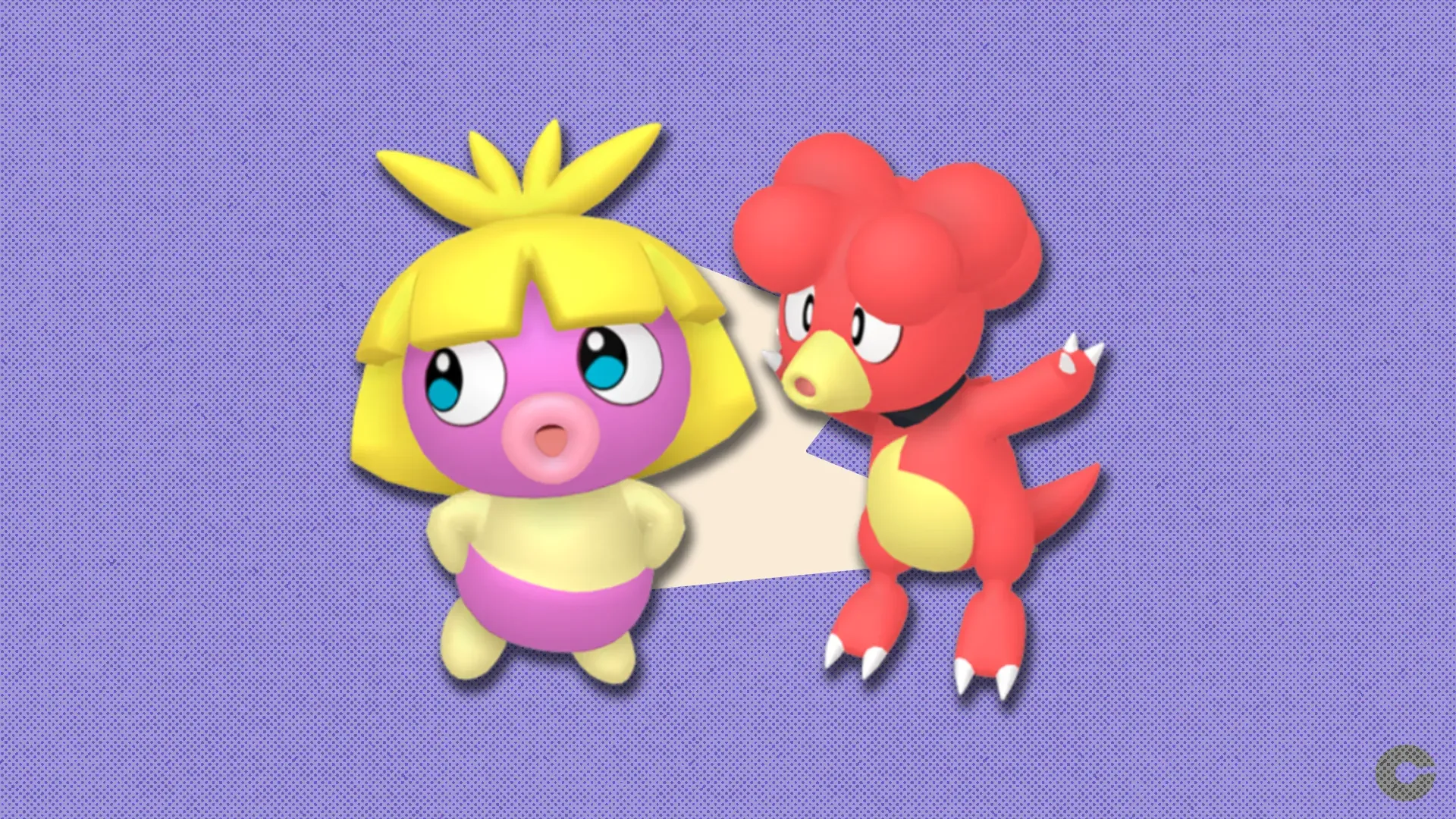 Smoochum and Magby in front of a polygonal shape and textured background.