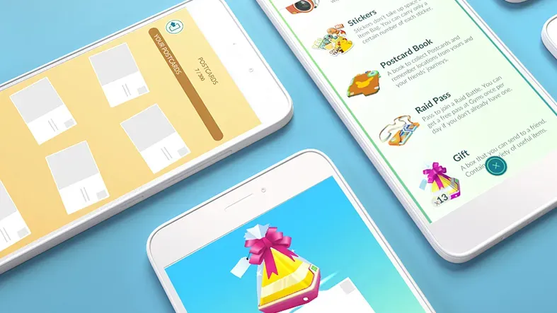 Three phones showing the Gift and Postcard feature in Pokémon Go.