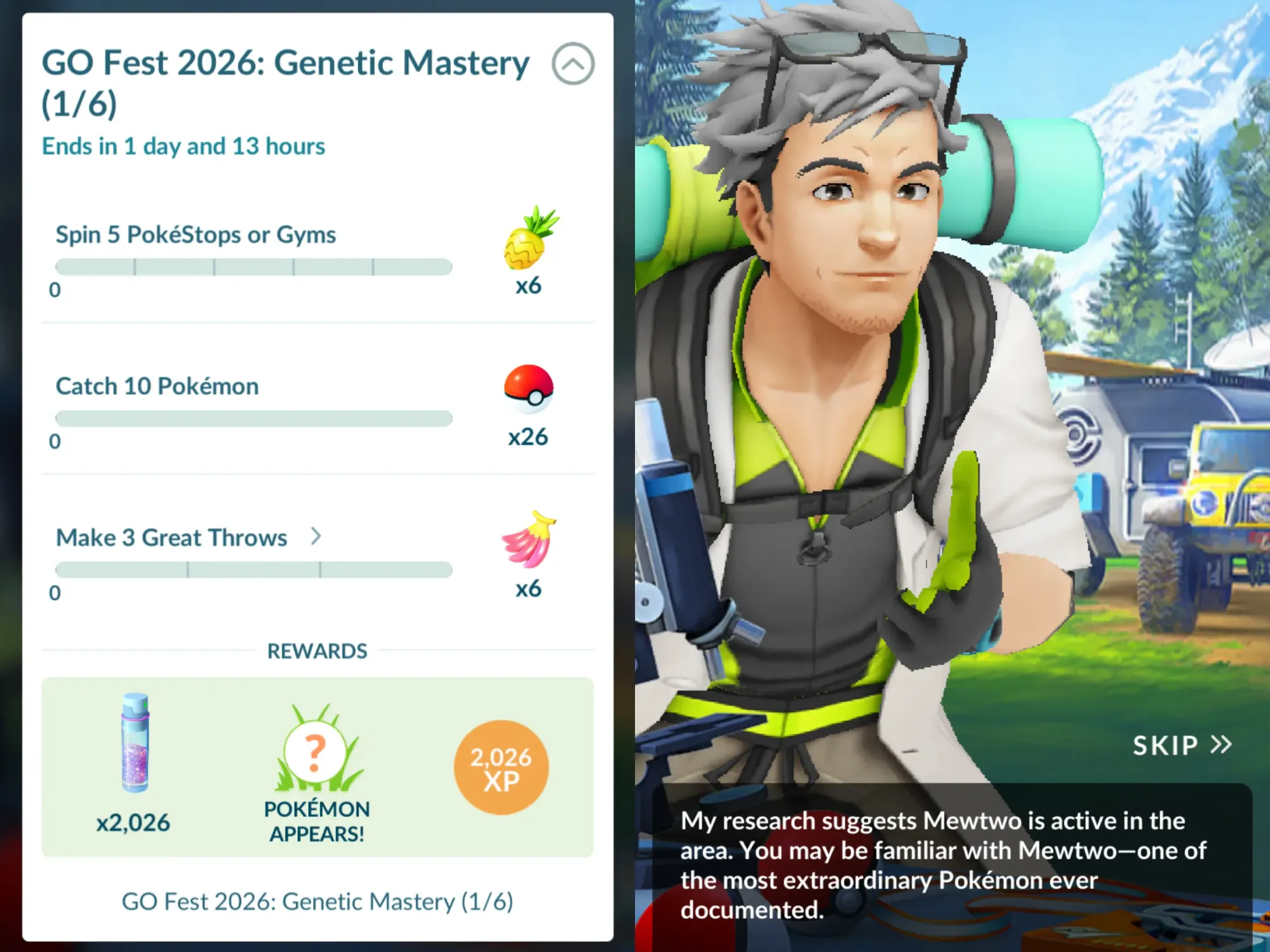 Two side-by-side screenshots from Pokémon Go, the left showing Genetic Mastery 1/6, the right dialogue from Professor Willow discussing how Mewtwo is "one of the most extraordinary Pokémon ever documented".