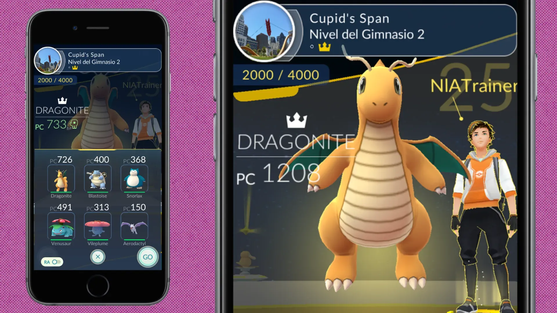 A composition of two phone screens playing Pokémon Go from 2016 set against a textured background.