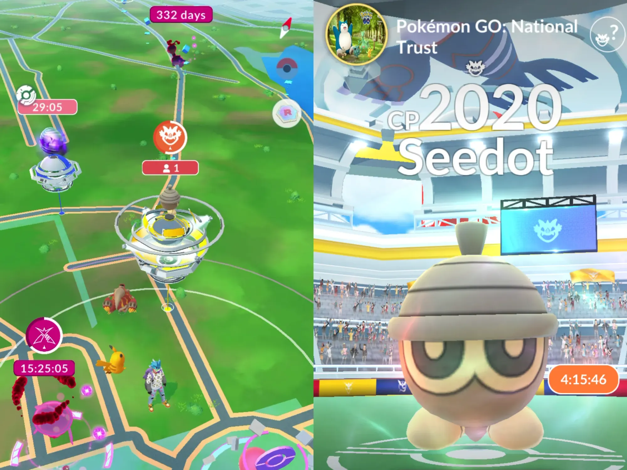 Two side-by-side screenshots from Pokémon Go showing a National Trust raid featuring Seedot.