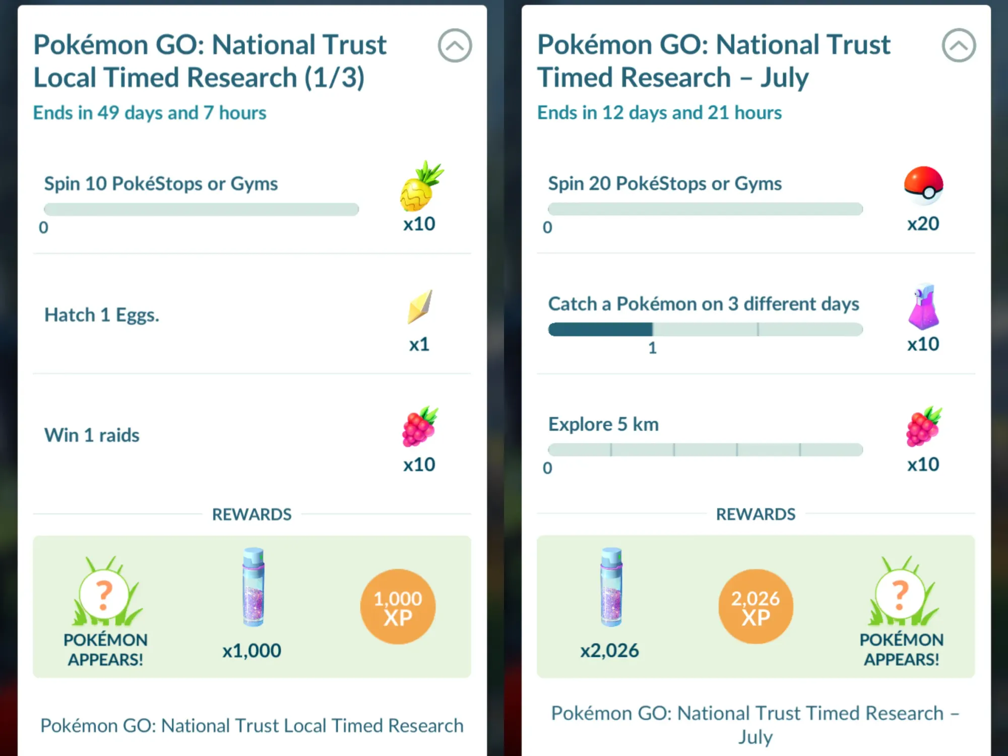 Two side-by-side screenshots showing Pokémon Go National Trust Timed Research, the left Local, the right for July.