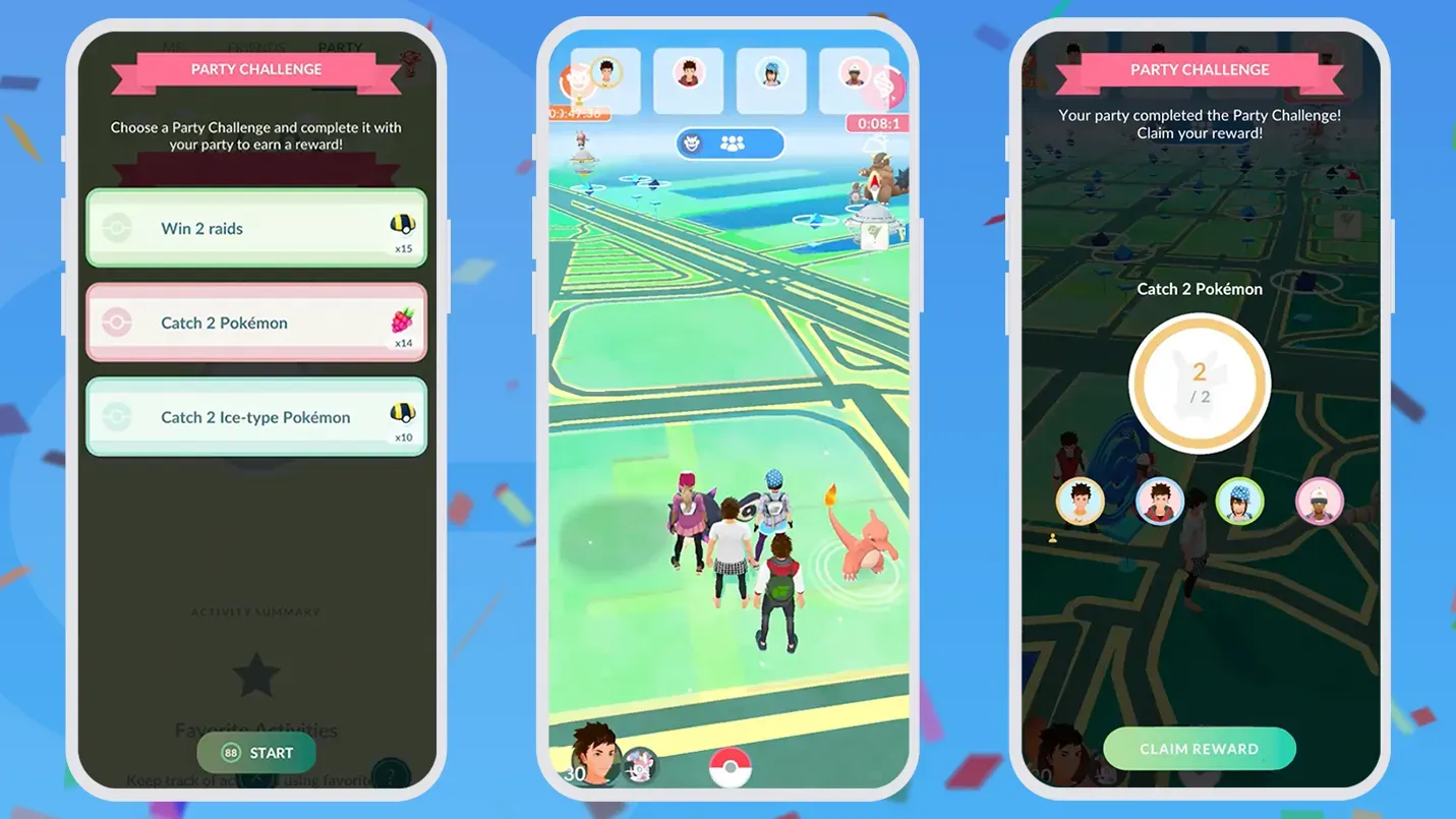 Three screenshot showing Pokémon Go's Party Play feature in action.
