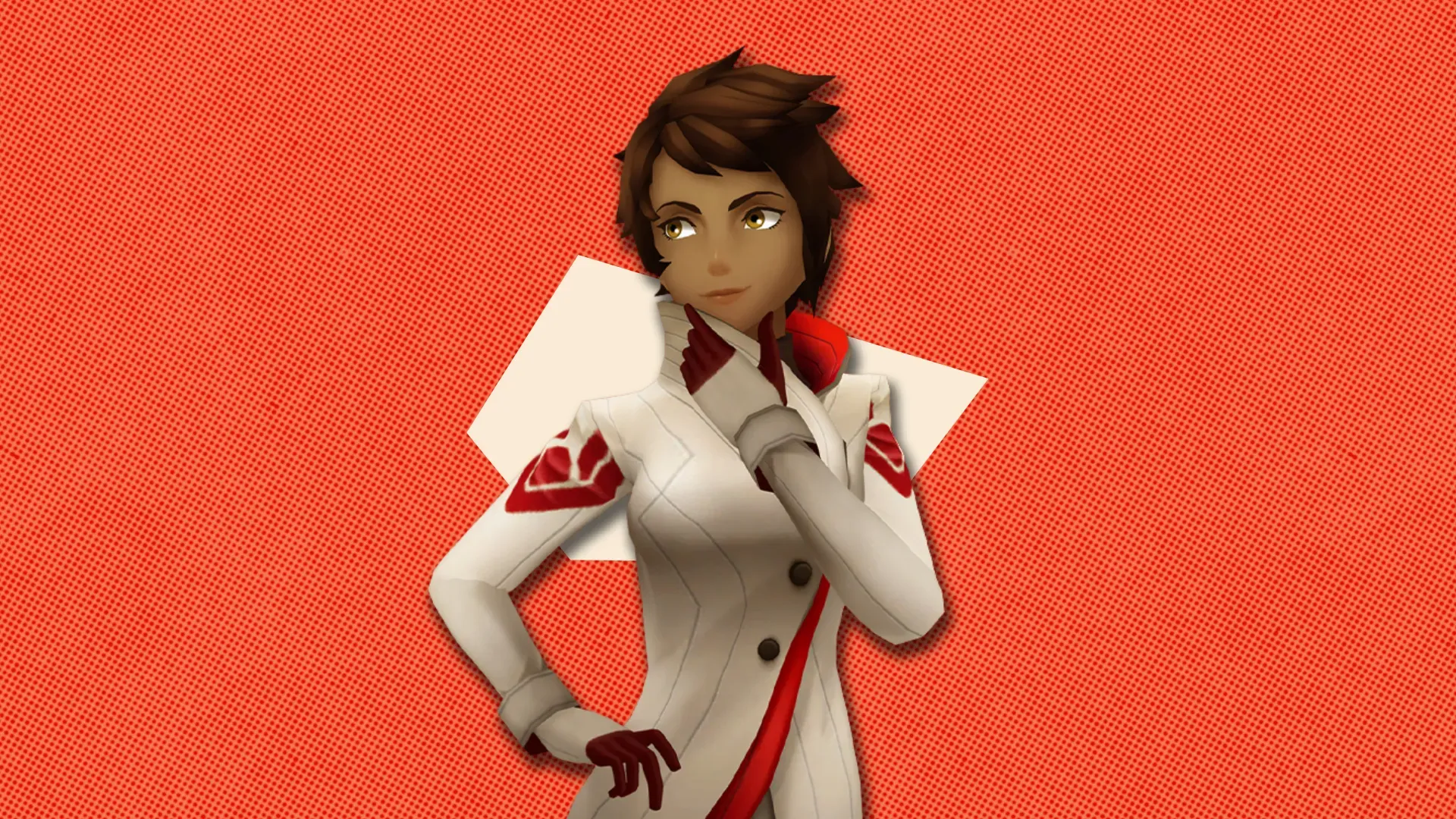 Team Leader Candela from Pokémon Go in front of a polygonal shape and a textured background.