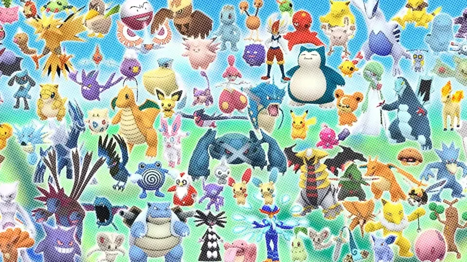 A variety of Pokémon on a Pokémon background, with a textured layer on top of the image.