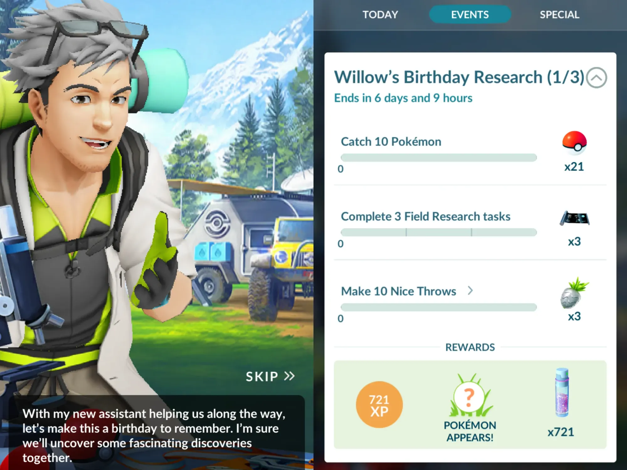 Two side-by-side screenshots from Pokémon Go showing Willow's Birthday Research Timed Research.