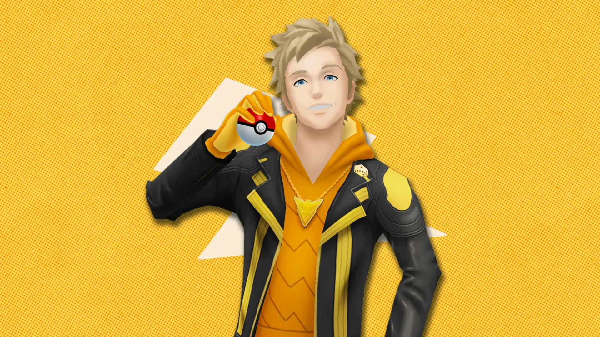 Team Leader Spark from Pokémon Go in front of a polygonal shape and a textured background.