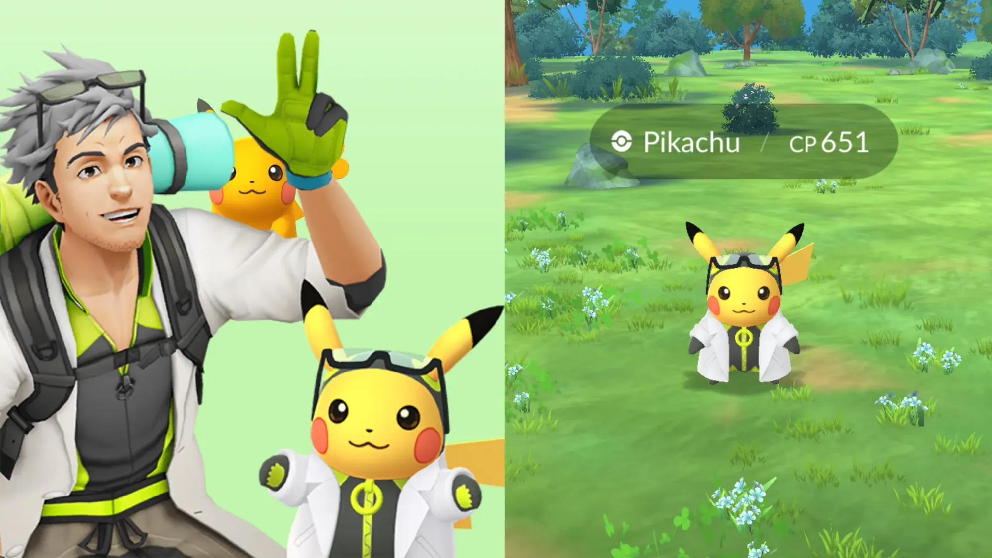 Two side-by-side screenshots from Pokémon Go showing a Professor Willow's assistant Pikachu photobomb encounter.