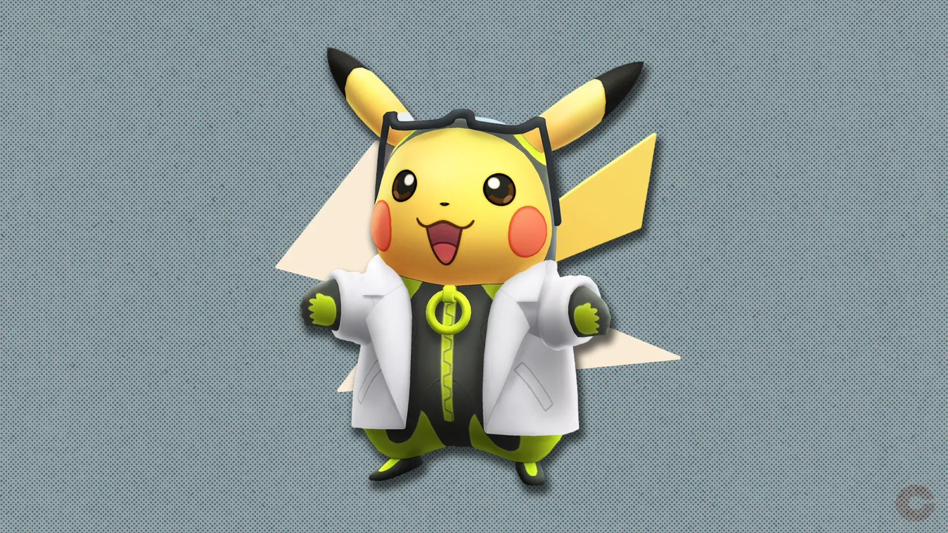 Pikachu wearing Professor Willow's assistant costume in front of a polygonal shape and a textured background.