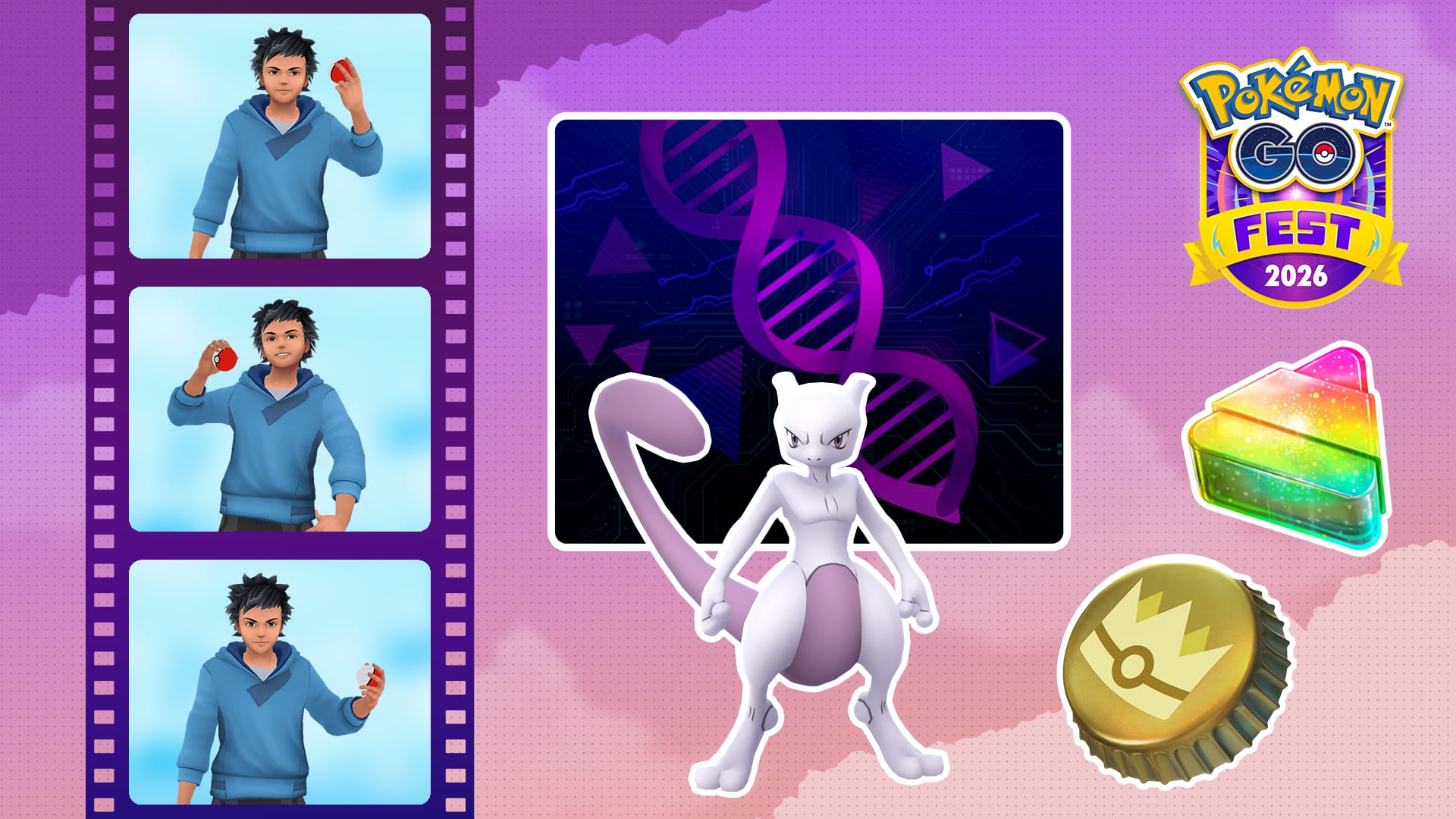 An infographic showing an avatar pose, Mewtwo, a Gold Bottle Cap and Rare Candy XL as part of the 'Road of Legends' Go Pass in Pokémon Go.