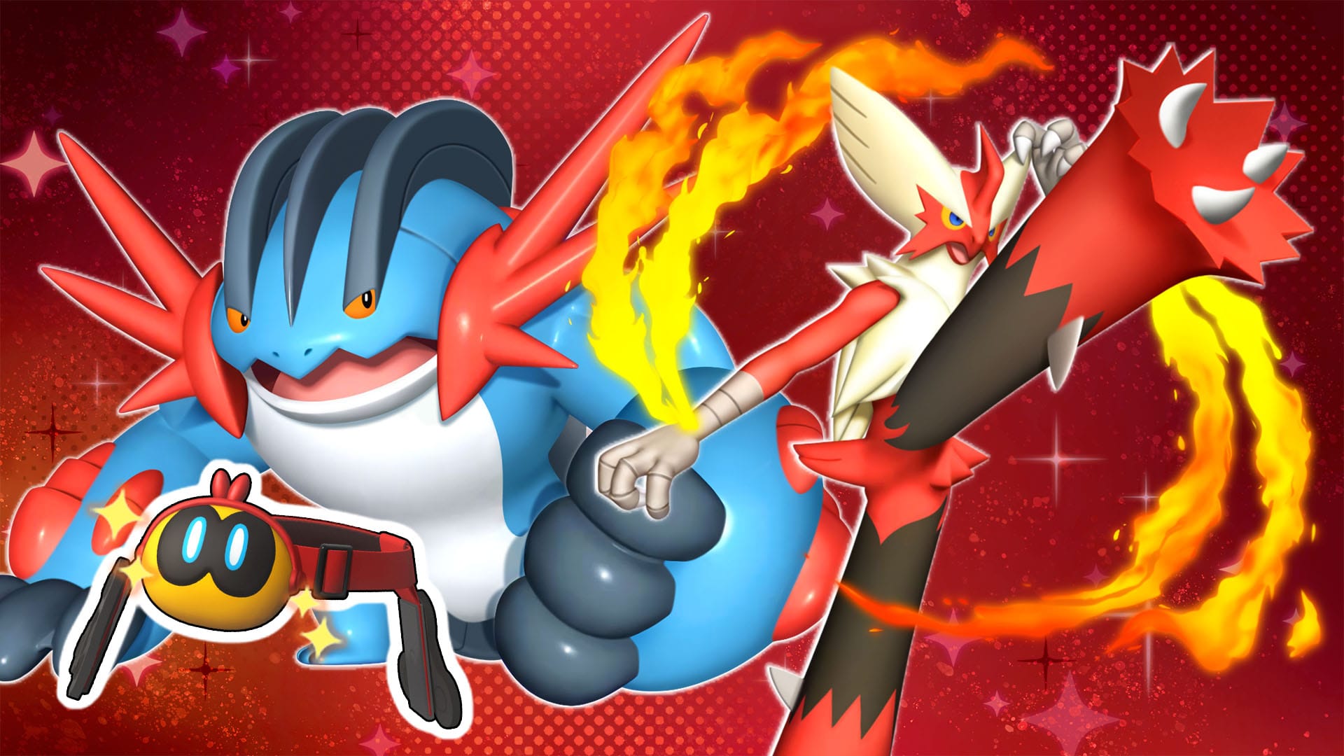 A graphic for the Season M-4 battle pass in Pokémon Champions, showing Mega Swampert and Mega Blaziken.
