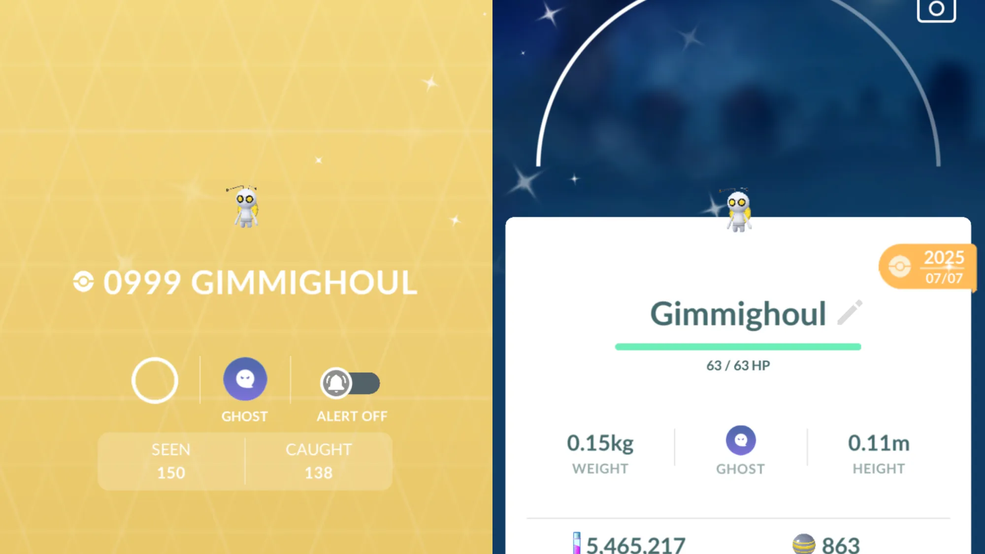 Side-by-side images of shiny Gimmighoul in Pokémon Go, the left in the Pokédex, the right in the Pokémon inventory screen.
