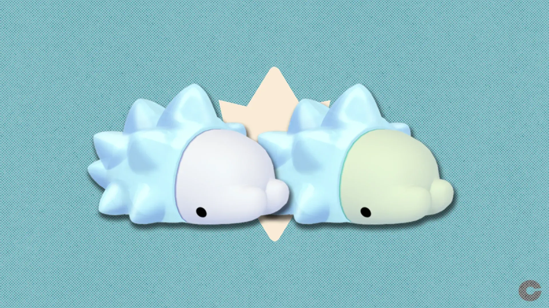 Regular Snom and shiny Snom in front of a polygonal shape and textured background.