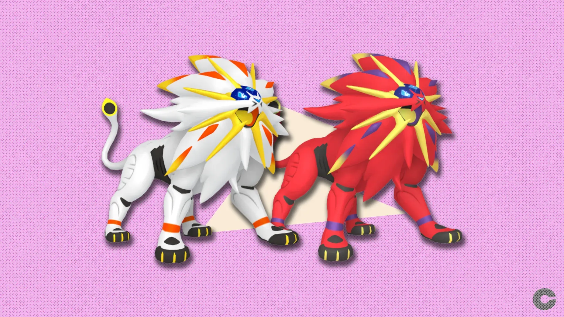 Solgaleo and shiny Solgaleo in front of a polygonal shape and a textured background.