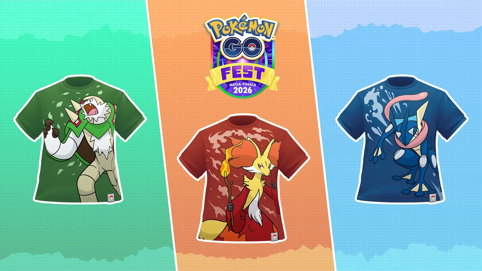 Pokémon Go avatar T-shirts featuring Chesnaught, Delphox and Greninja.