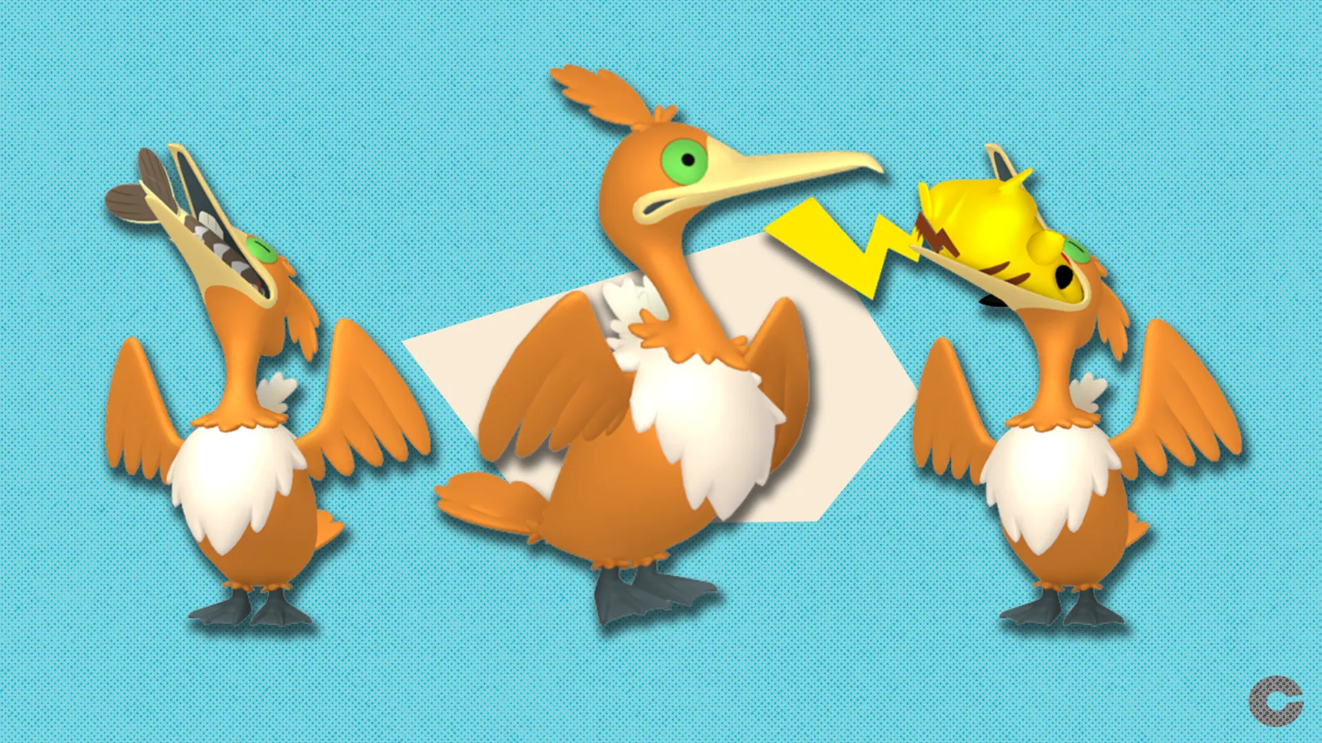 Shiny Cramorant and its Gulping form and Gorging forms in front of a polygonal shape and textured background.