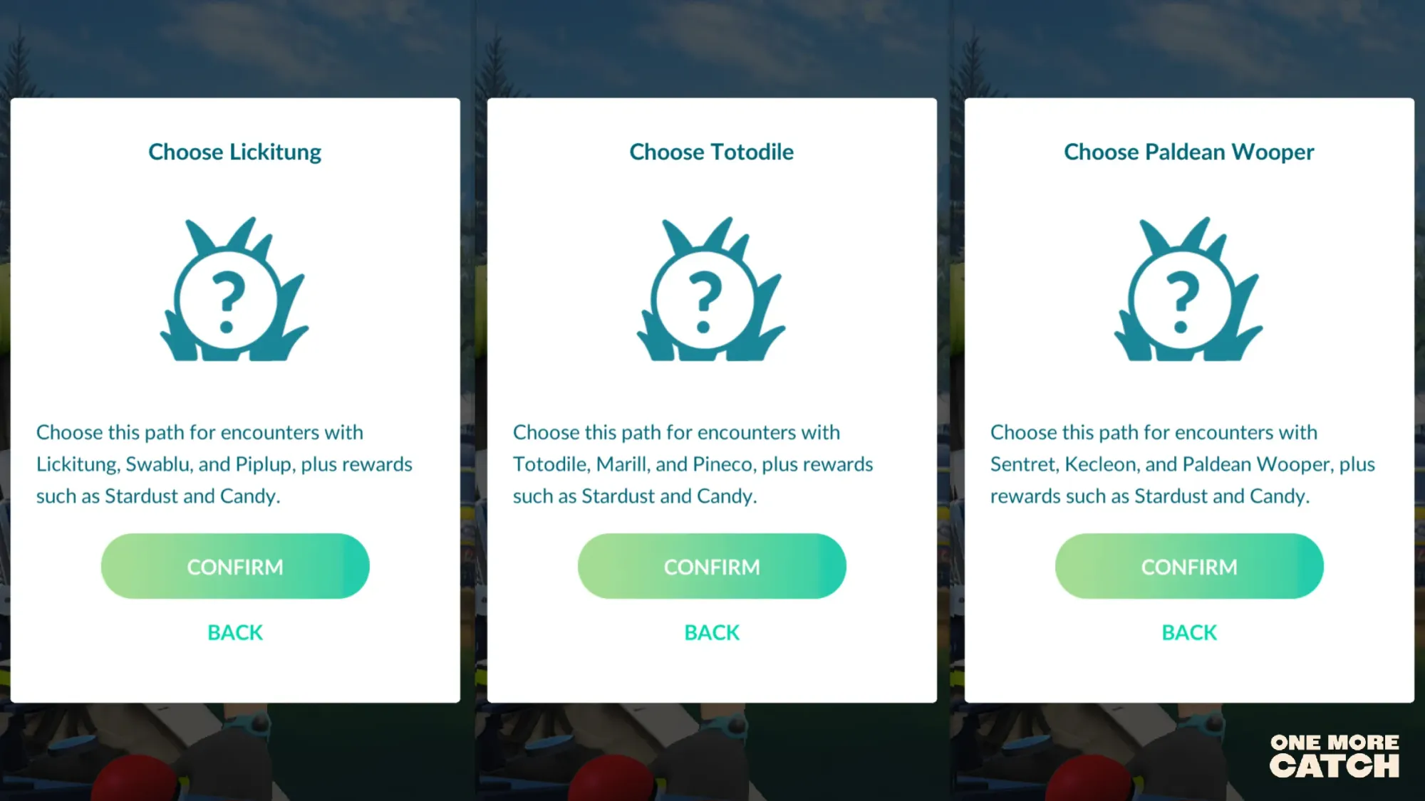 Three Choose a Path screenshot options showing Choose Likitung, Choose Totodile, and Choose Paldean Wooper in Pokémon Go.