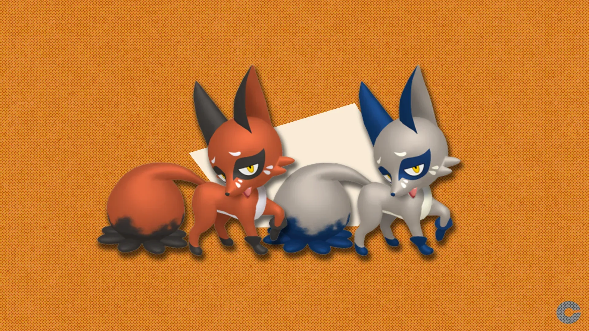 Nickit and shiny Nickit in front of a polygonal shape and textured background.
