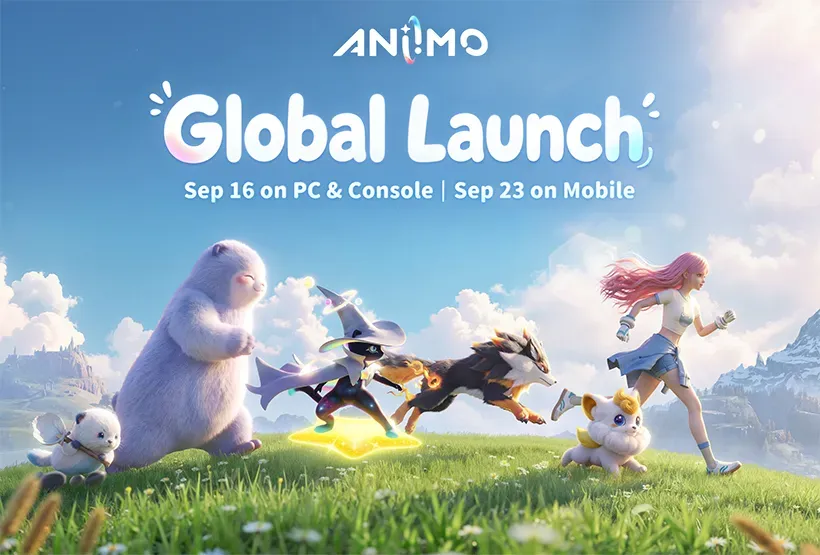 A graphic for Aniimo with the text 'Global Launch, Sept 16 on PC & Console, Sept 23 on mobile', and various Aniimo and a character running over a grassy hill