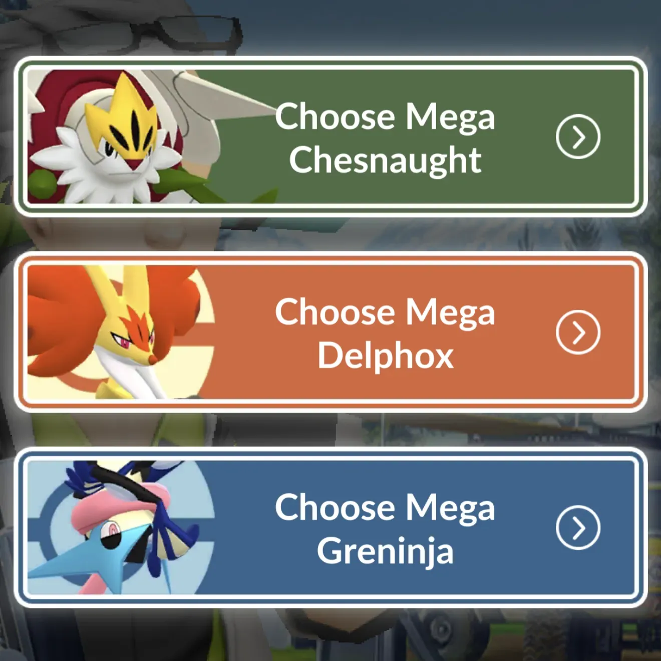 Three Choose a Path options between Mega Chesnaught, Mega Delphox, and Mega Greninja.