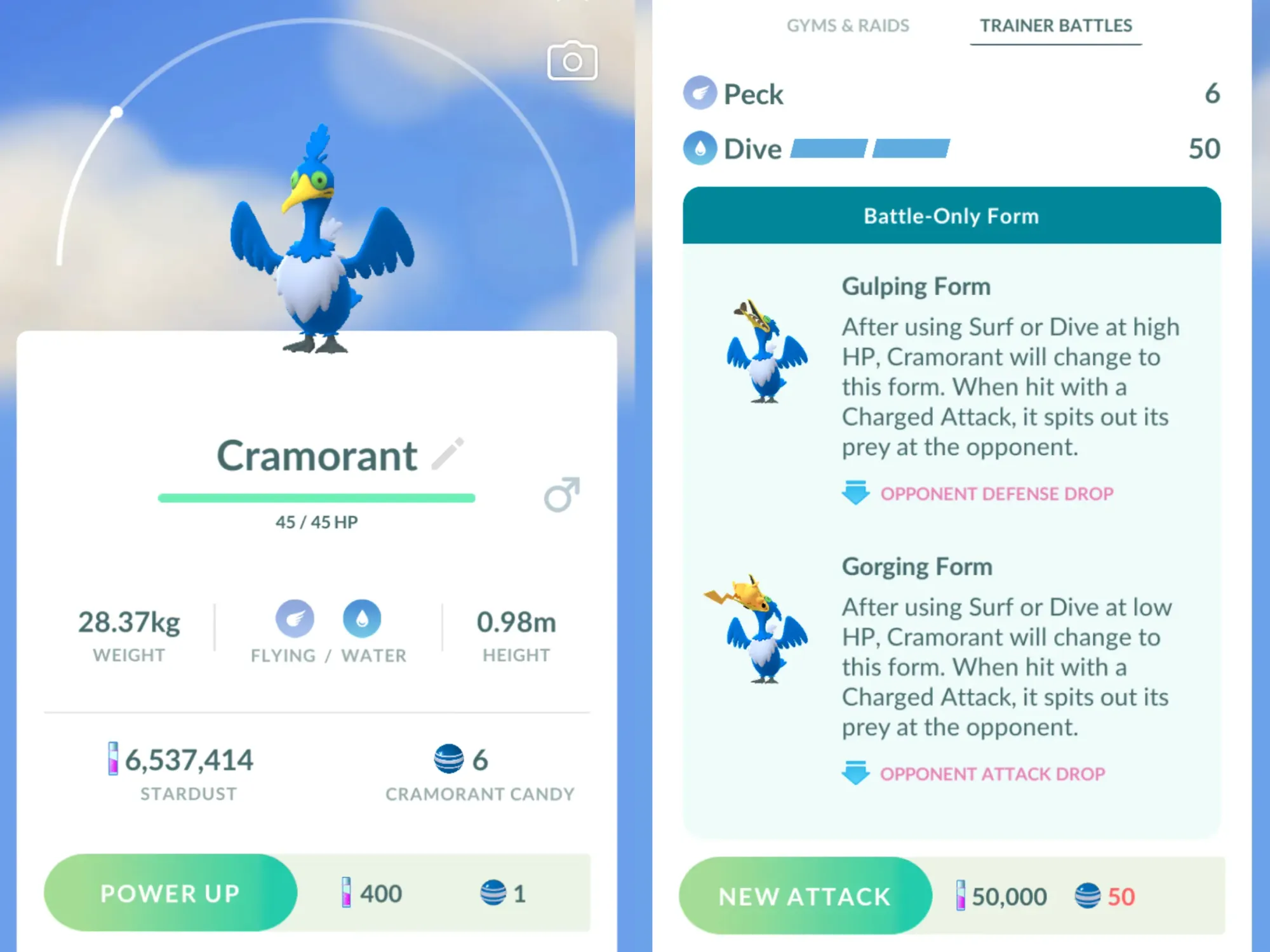Side-by-side screenshots showing Cramorant forms in Pokémon Go, with the base form on the left, and the Gulping Form and Gorging Form on the right.
