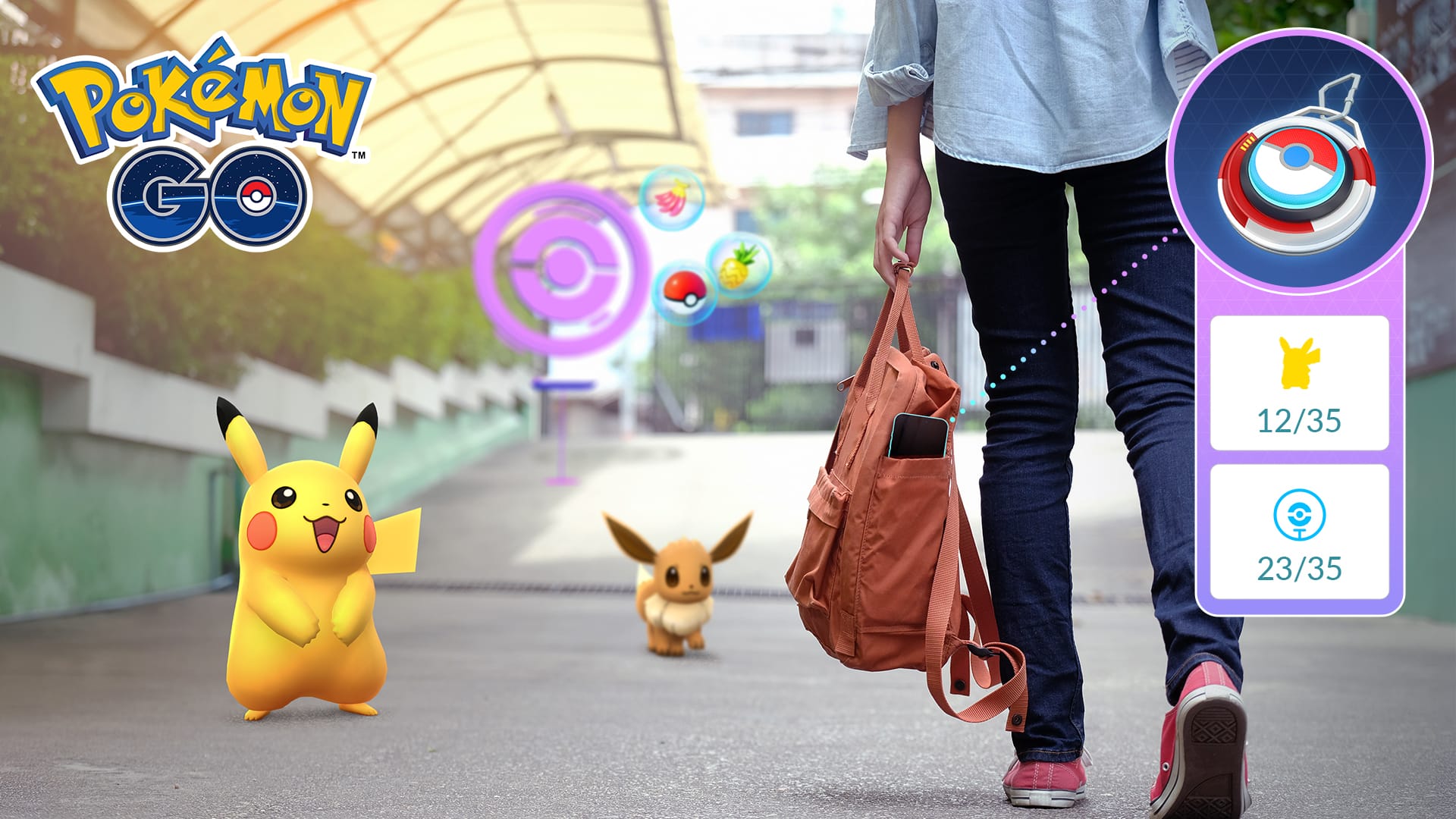 Official art for the Explorer Gadget in Pokémon Go, with Pikachu and Eevee looking at a real-world player.