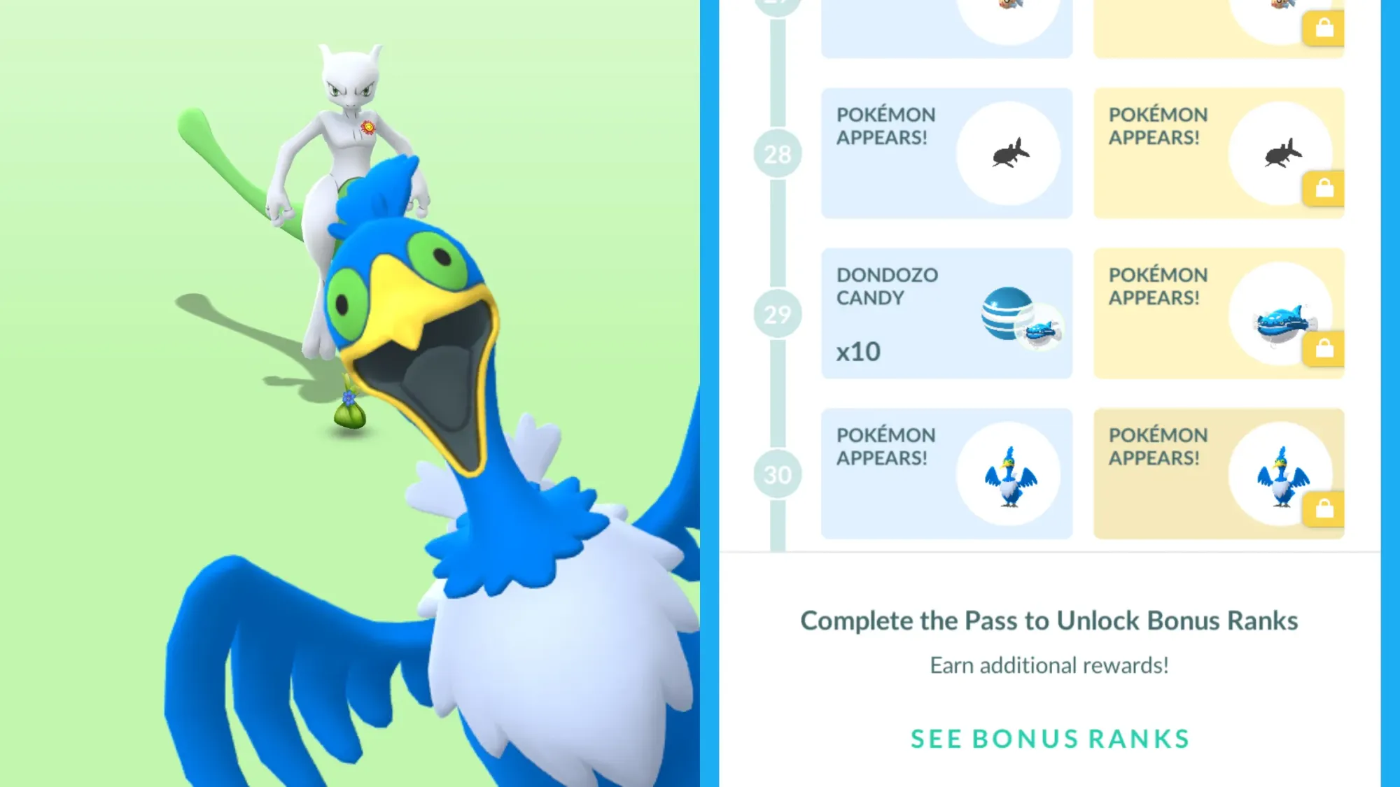 Side-by-side screenshots showing a Cramorant photobomb on the left, and Cramorant at Rank 30 in the 'Water Festival' Go Pass on the right.