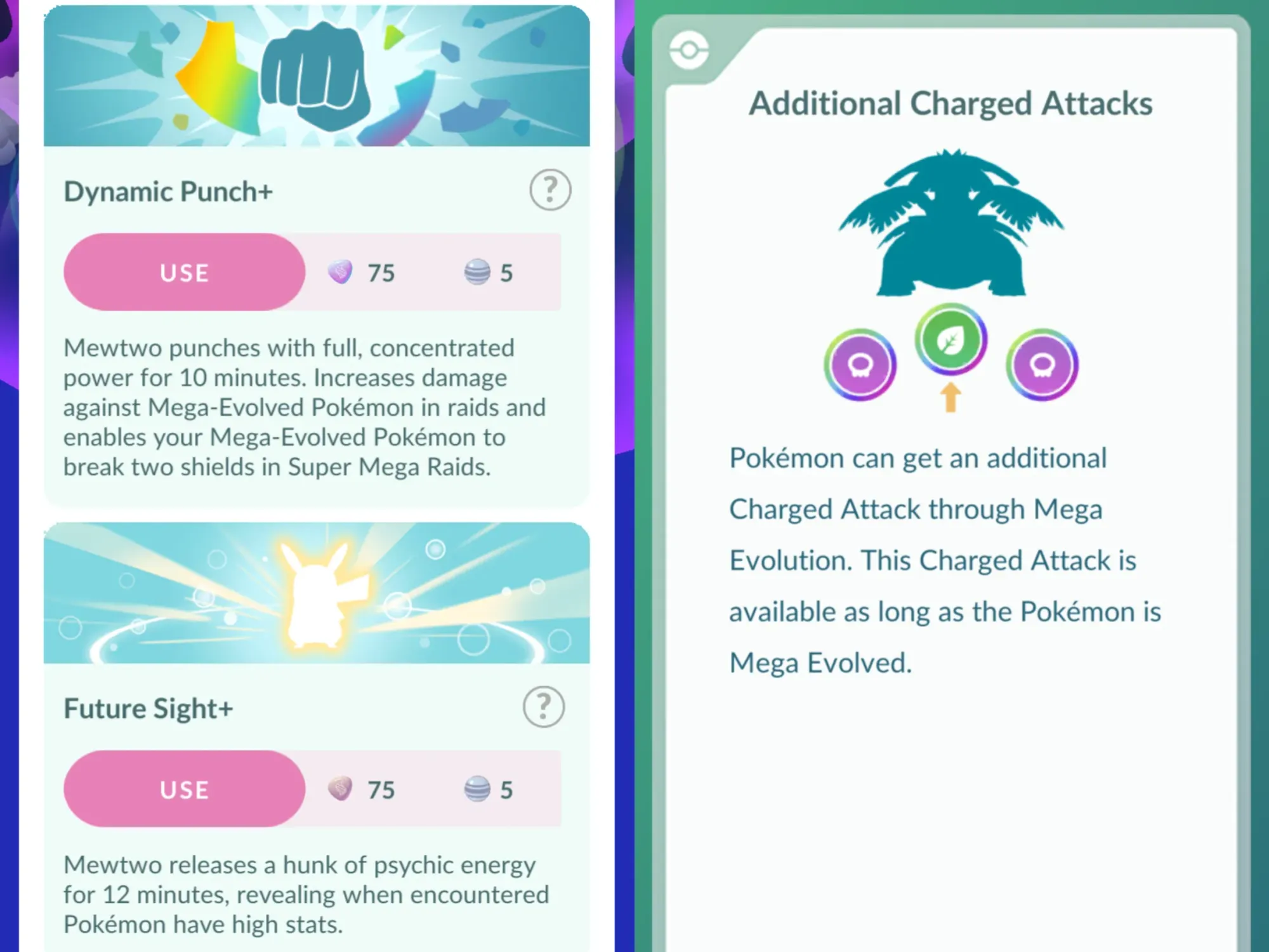 Side-by-side screenshots showing how to use Dynamic Punch+ and Future Sight+ in Pokémon Go (left), and how additional Charged Attacks work in battle (right).
