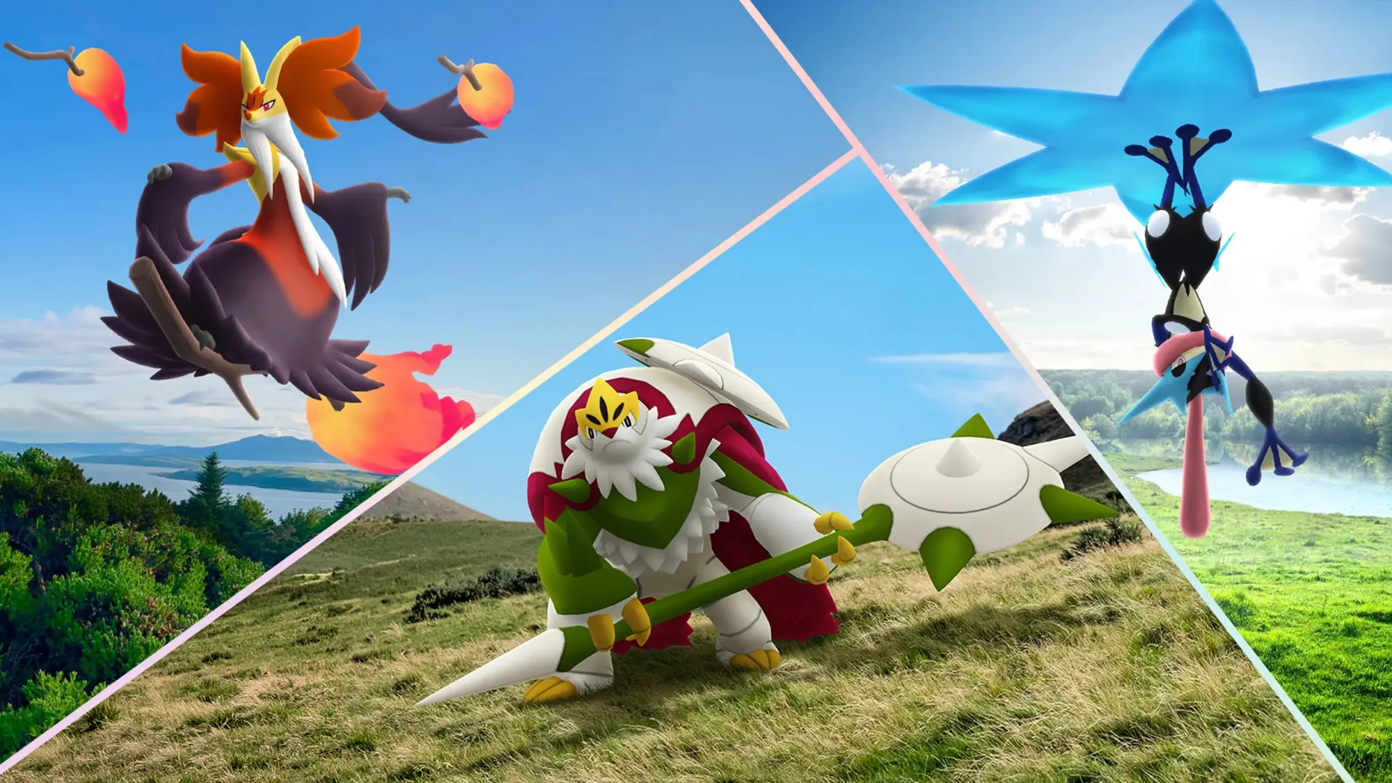 Mega Delphox, Mega Chesnaught and Mega Greninja in various natural environments.
