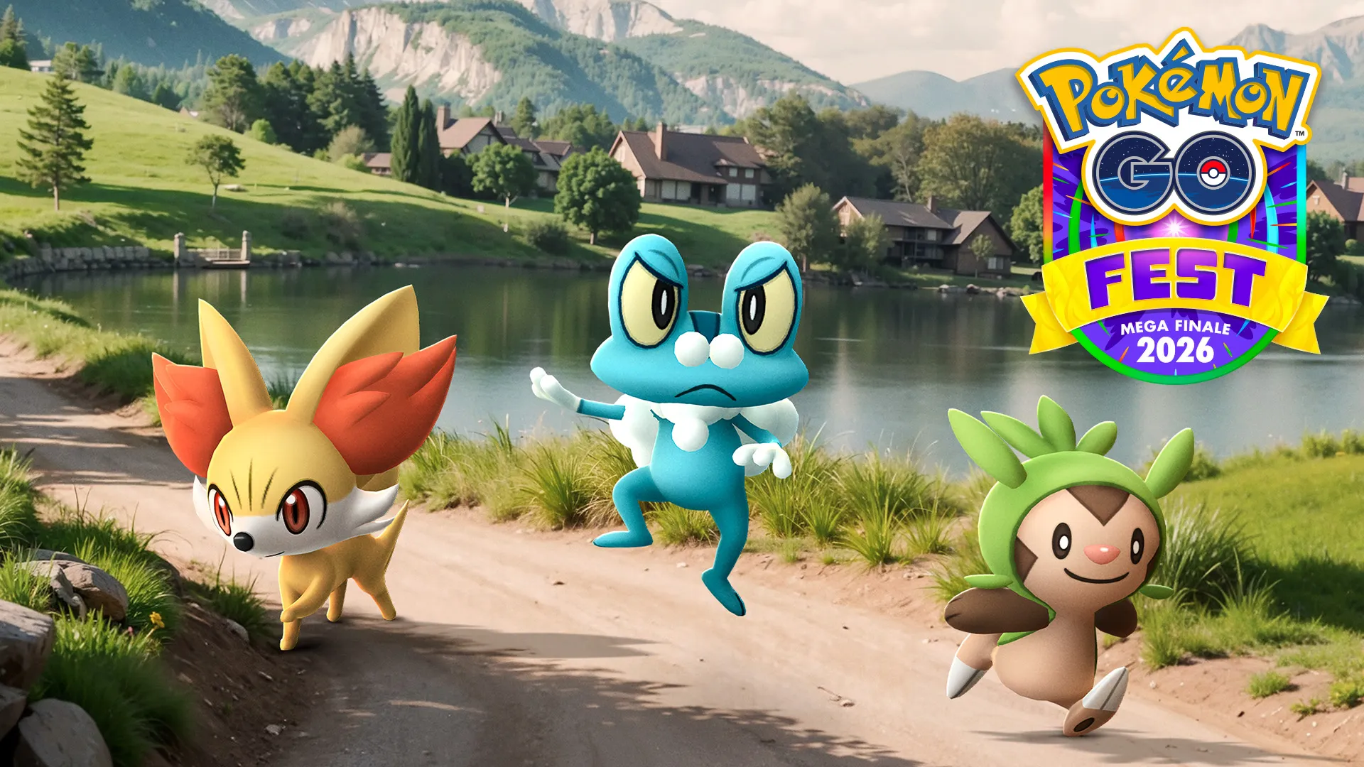 Chespin, Froakie and Fennekin by a lake.