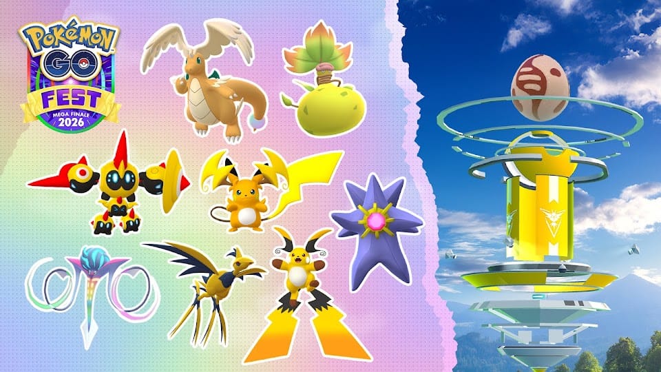 A variety of Mega Evolutions next to a Pokémon Go Gym.
