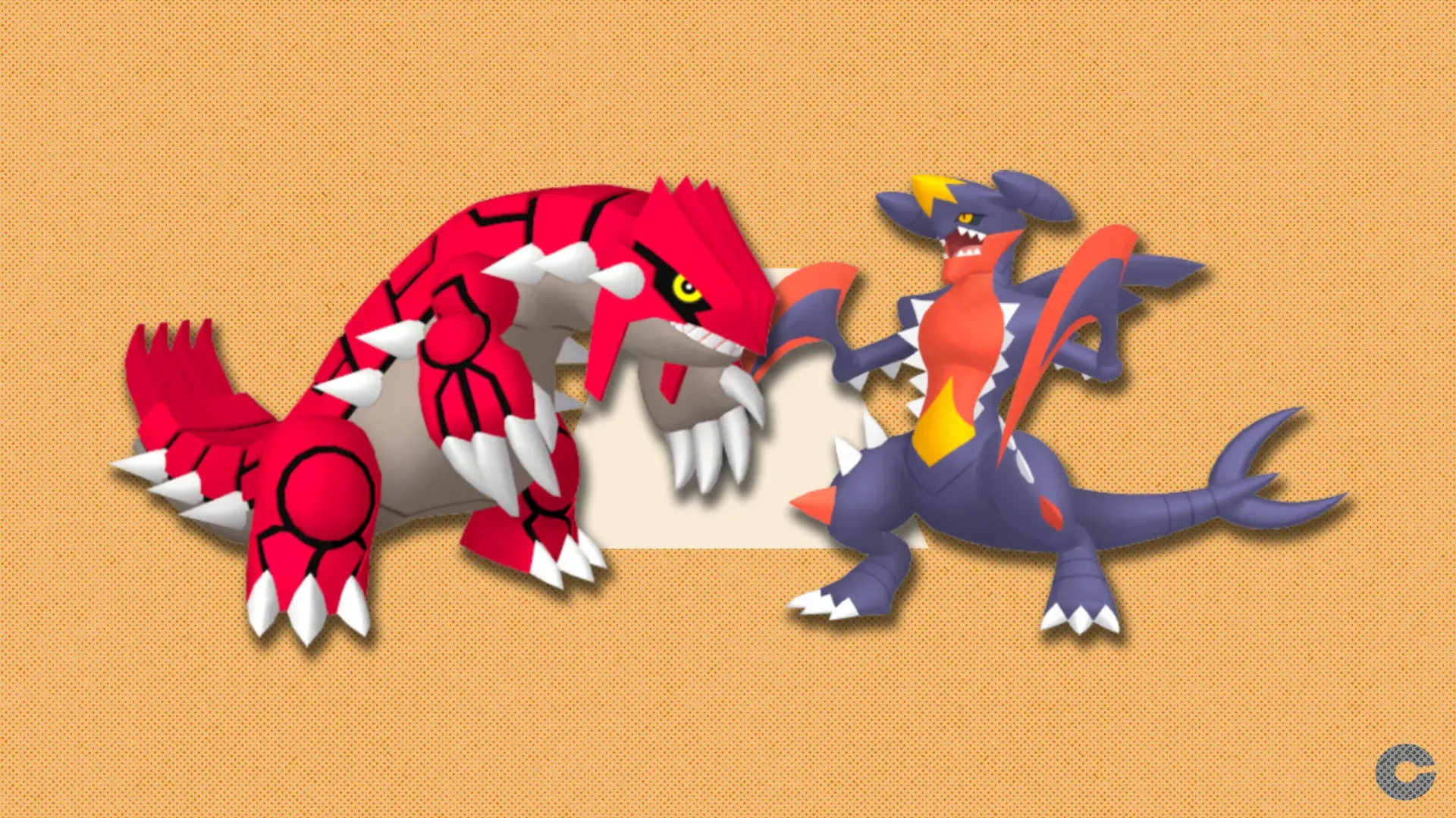 Groundon and Mega Garchomp in front of a polygonal shape and textured background.