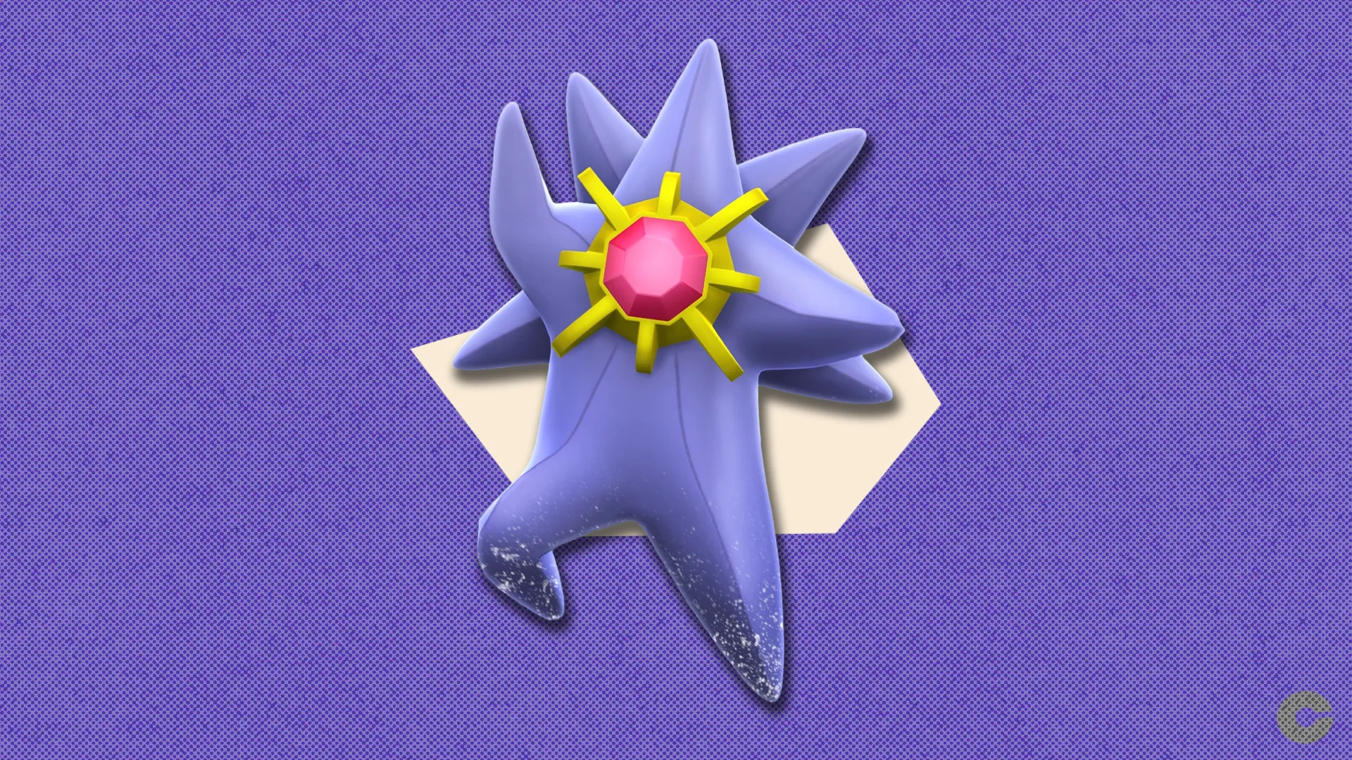 Mega Starmie in front of a polygonal shape and textured background.