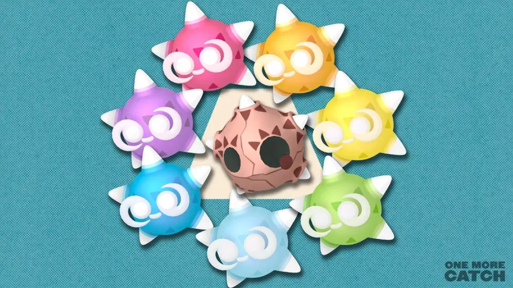 Minior and its various coloured forms in front of a polygonal shape and textured background.