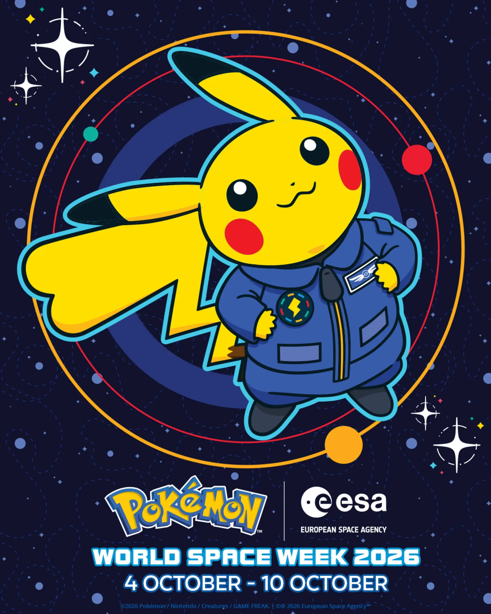 An image of Pikachu wearing an ESA astronaut outfit for a promotional image for Pokémon and the ESA's World Space Week 2026.