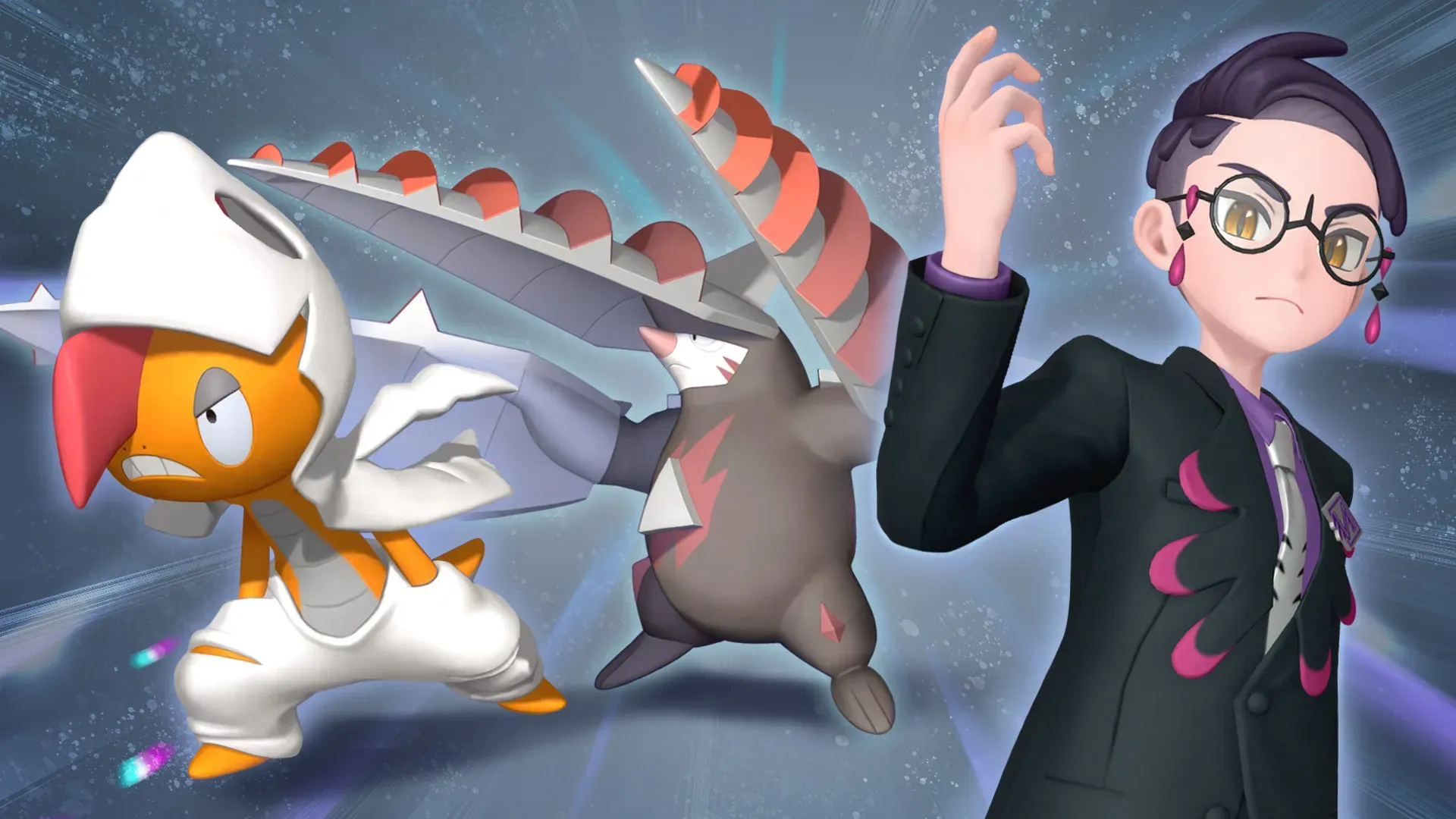 A promotional image for the Pokémon Champions Season M-5 battle pass, featuring Mega Scrafty, Mega Excadrill and a Trainer with the Corbeau Outfit Set.