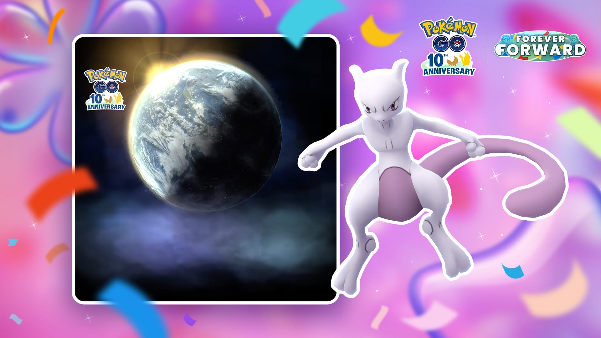 A promotional image for the 10th Anniversary Celebration Timed Research with gives away a free Mewtwo in Pokémon Go.