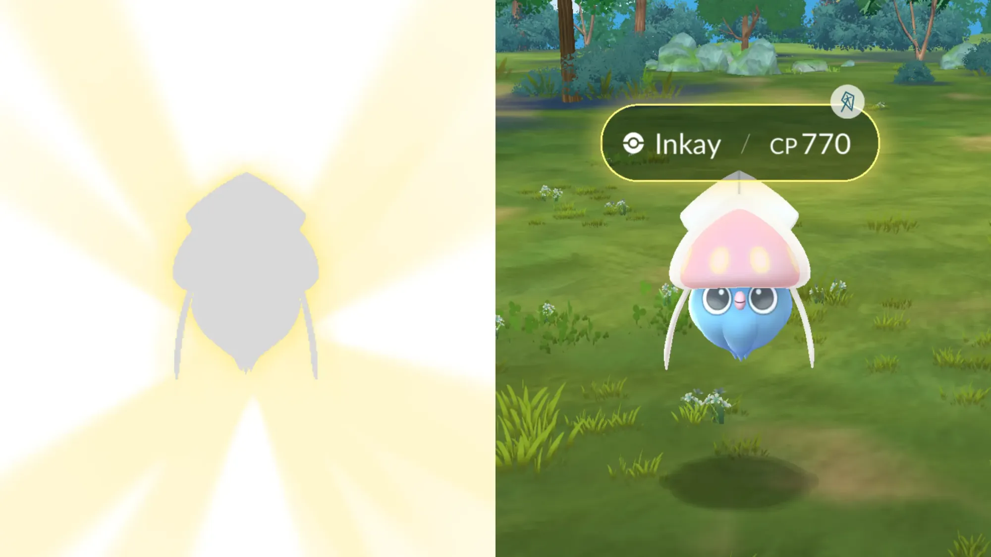 Side-by-side screenshots showing the animation and glowing CP bar in Pokémon Go when using the Future Sight+ Adventure Effect.