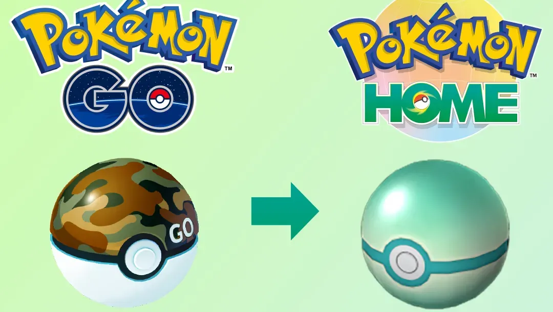 A graphic showing the change from Safari Ball in Pokémon Go to Strange Ball in Pokémon Home.