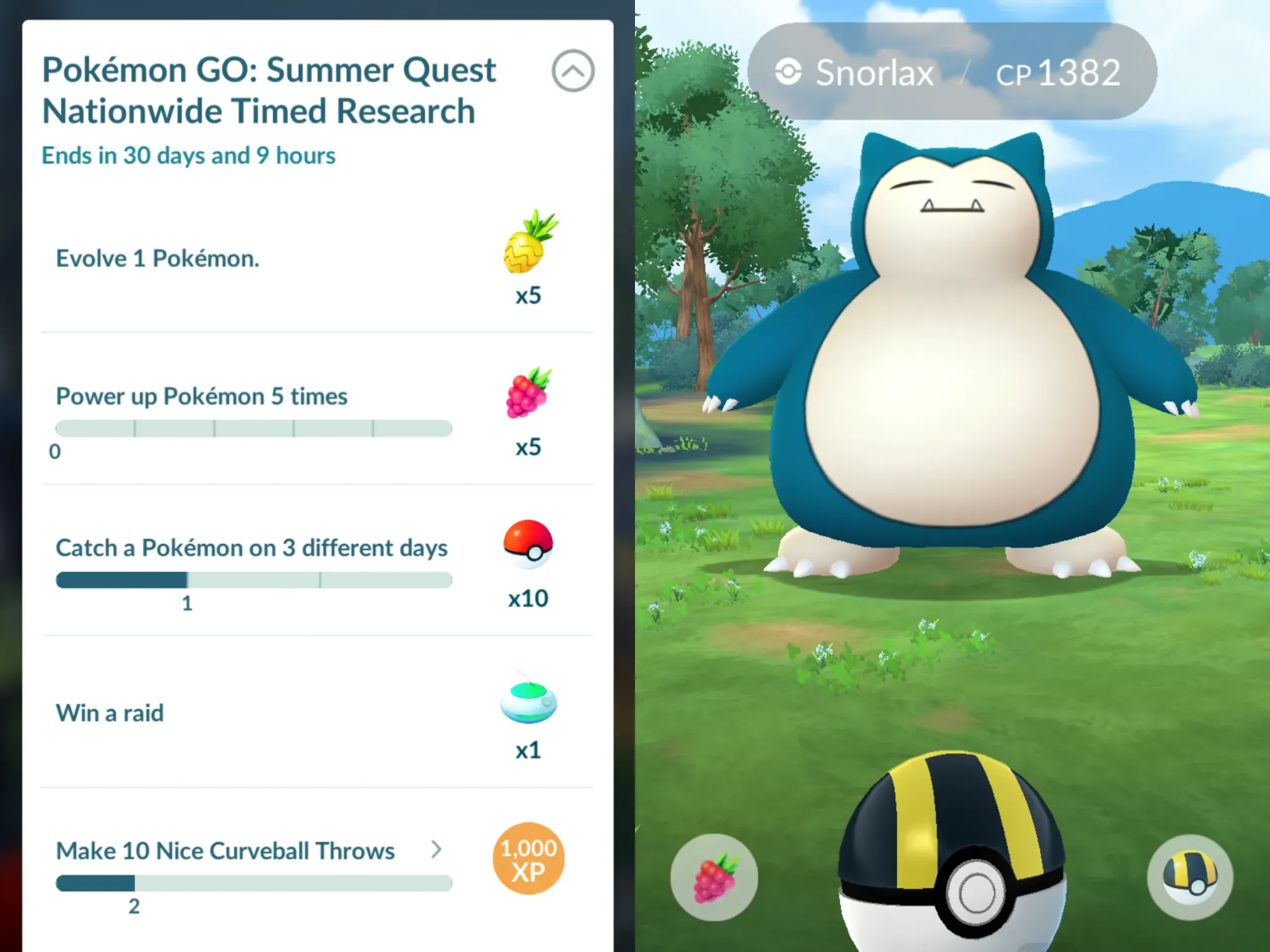 Side-by-side screenshots from Pokémon Go showing the Summer Quest Nationwide Timed Research and a Snorlax encounter.