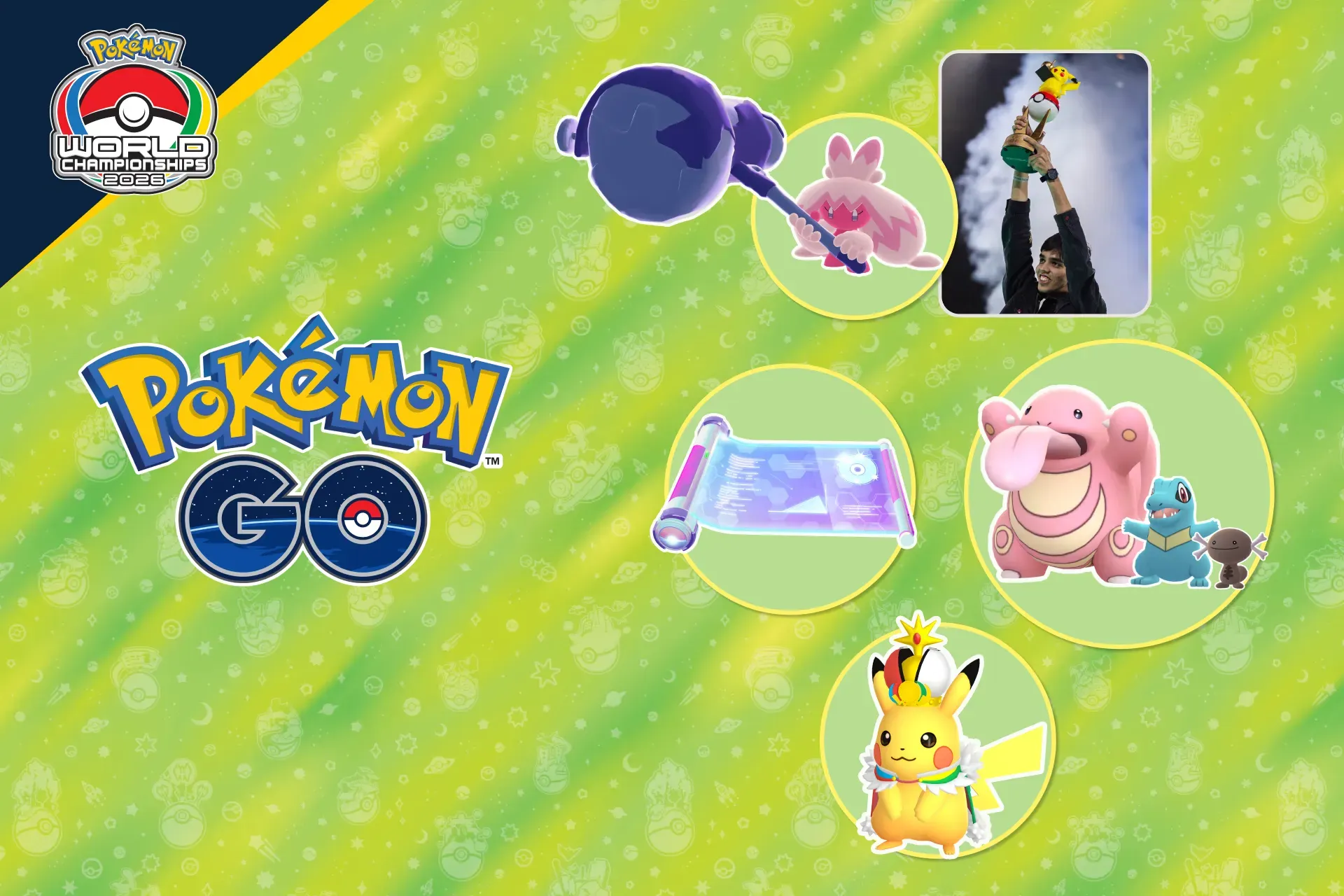 A graphic showing various Pokémon Go Twitch drops from the 2026 Pokémon World Championships event.