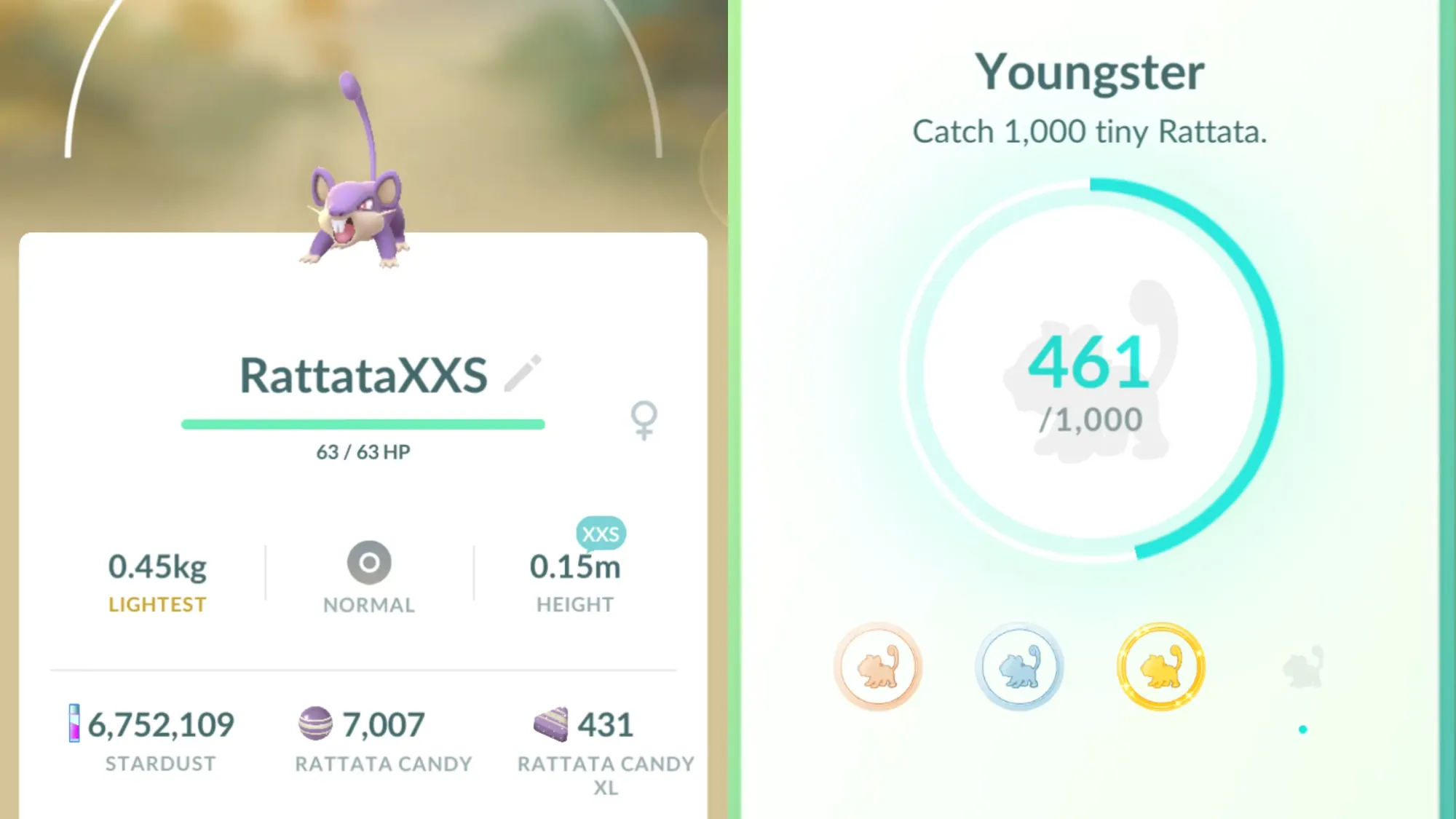 Two side-by-side images showing a tiny / XXS Rattata and the Youngster Medal in Pokémon Go.