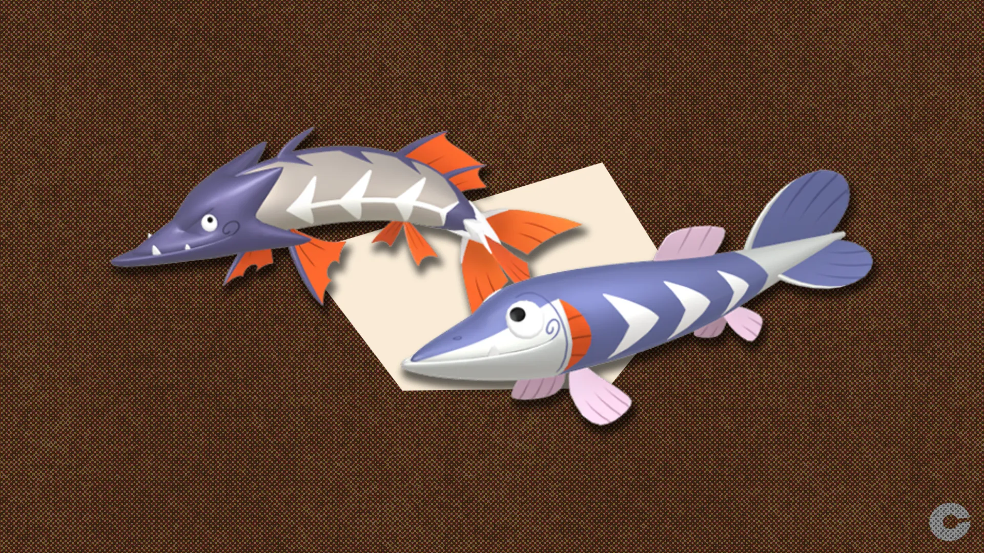 Shiny Arrokuda and shiny Barraskewda in front of a polygonal shape and textured background.
