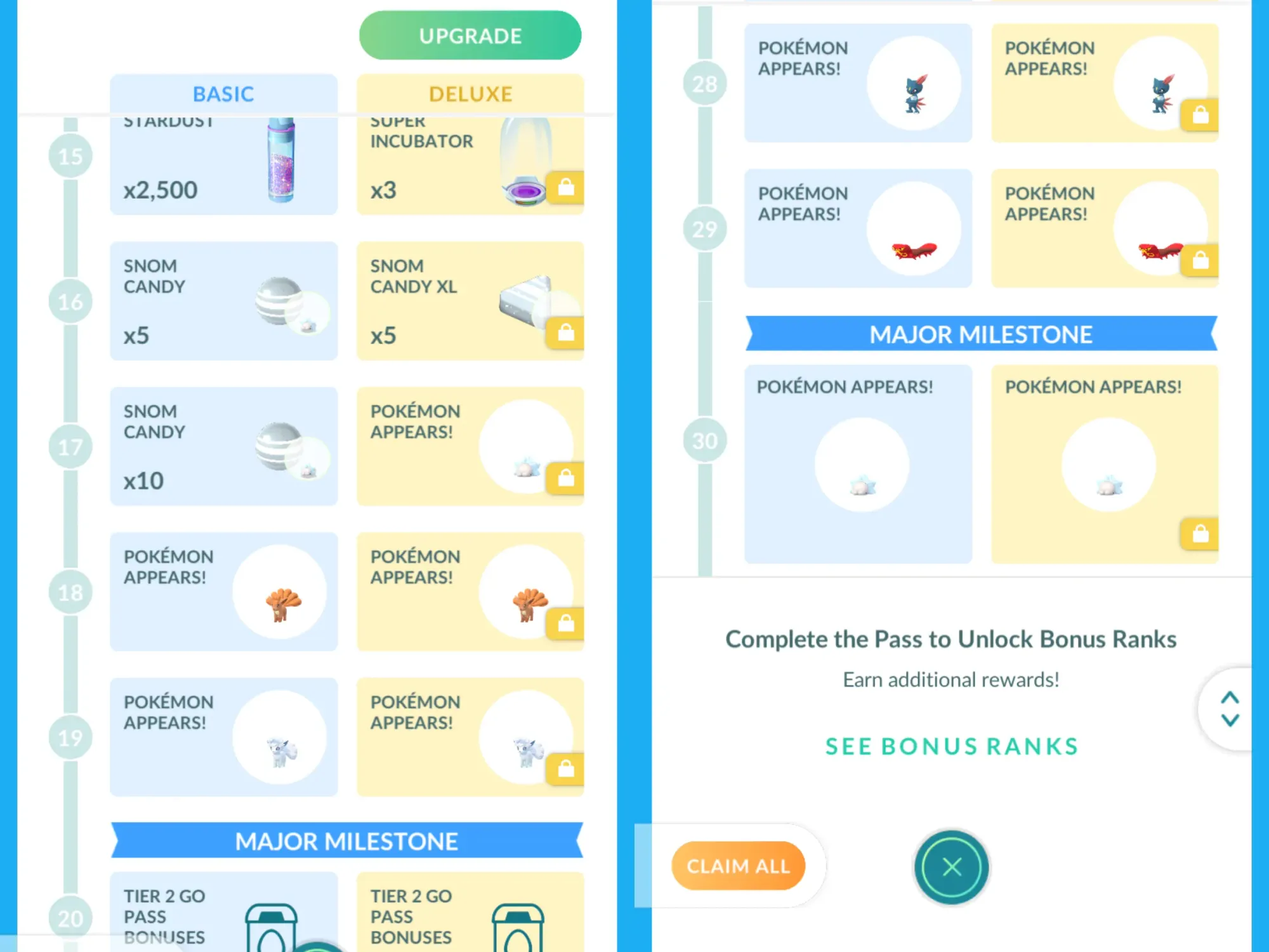Two side-by-side screenshots showing the Go Pass: Summer Marathon's Snom encounters.