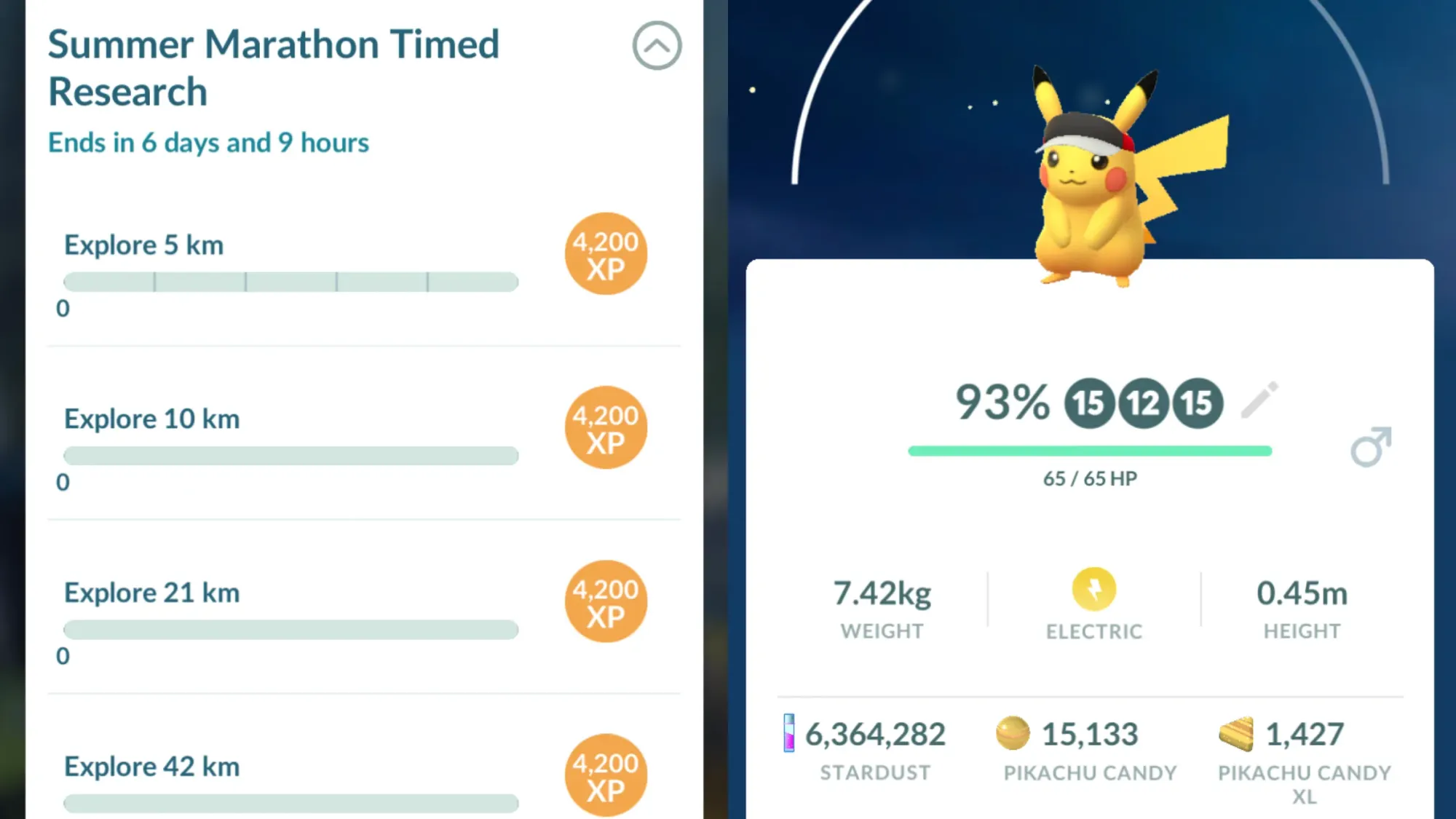 Two side-by-side screenshots from Pokémon Go showing the Summer Marathon Timed Research and a marathon visor Pikachu.