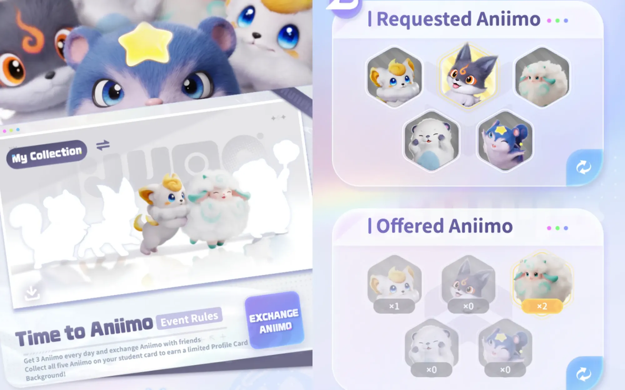 Two side-by-side screenshots showing the Time to Aniimo event collection and exchange screens.