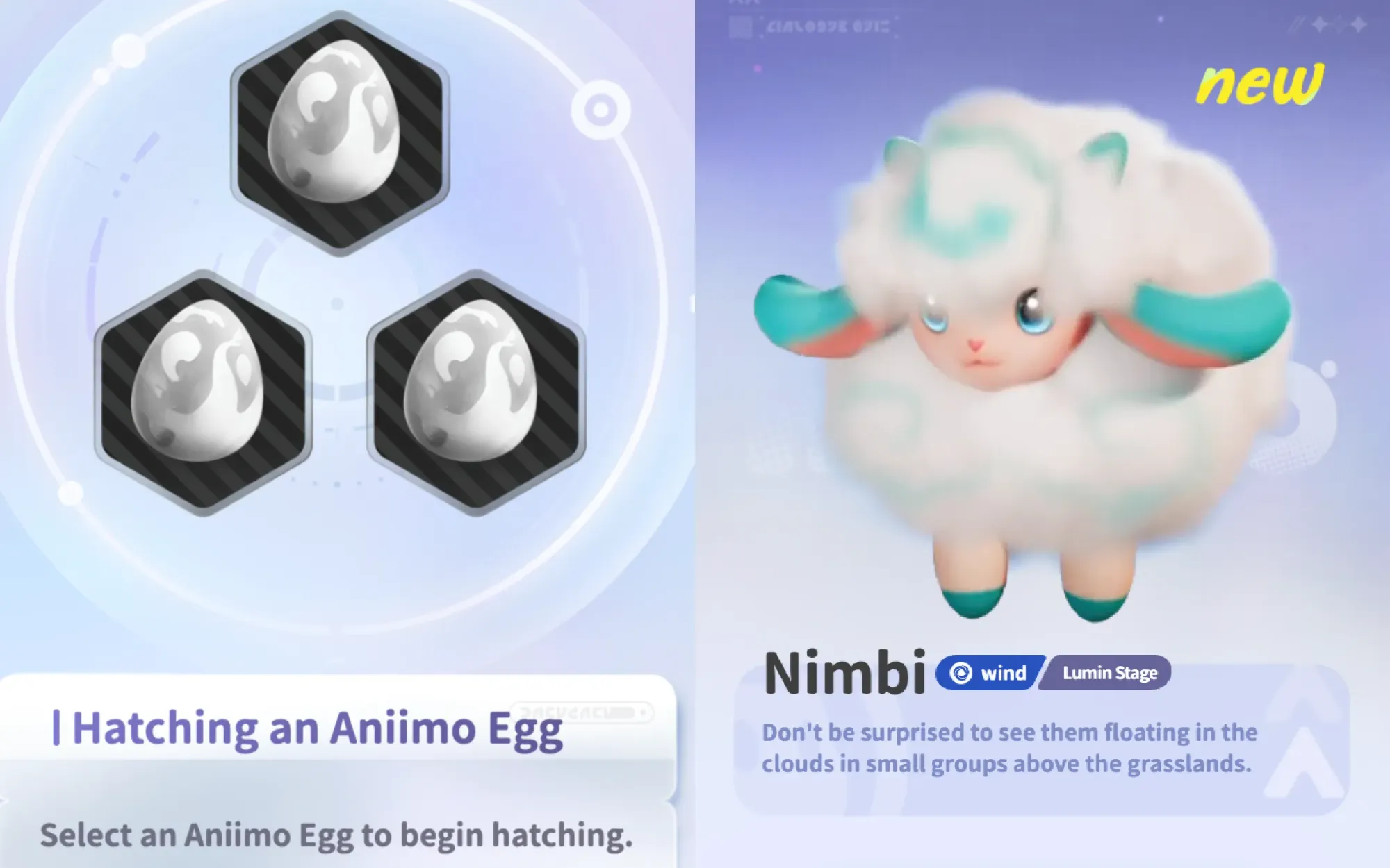 Two side-by-side screenshots showing hatching an Aniimo Egg on the left, and a Nimbi on the right.