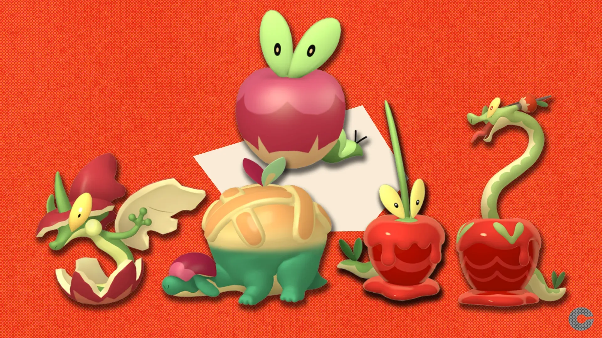 Applin (top) with evolutions running left to right: Flapple, Appletun, Dipplin and Hydrapple.